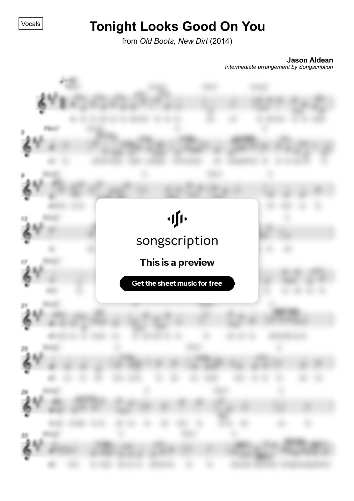 Intermediate Vocals Sheet Music for "Tonight Looks Good On You" by Jason Aldean