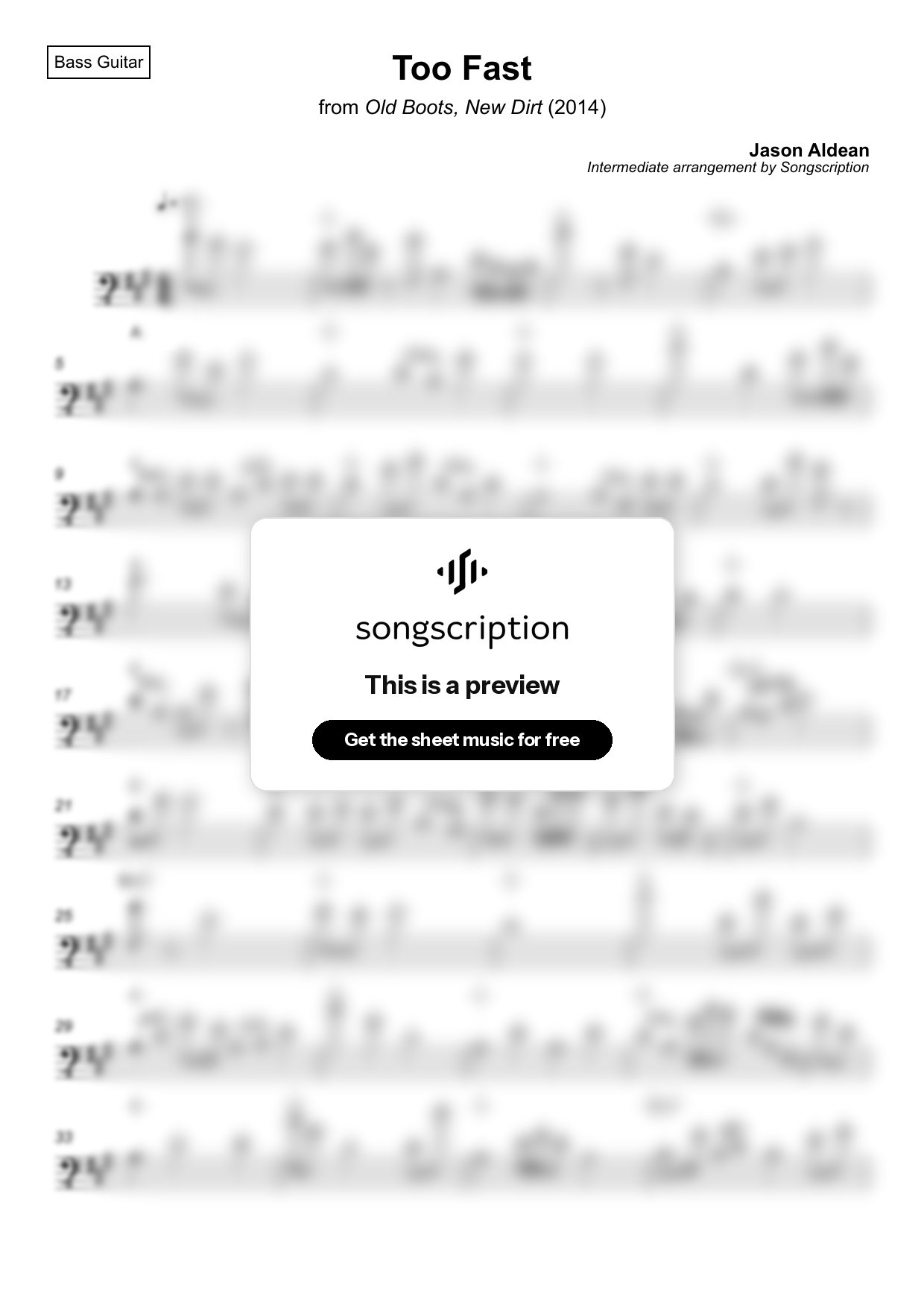 Intermediate Bass Guitar Sheet Music for "Too Fast" by Jason Aldean