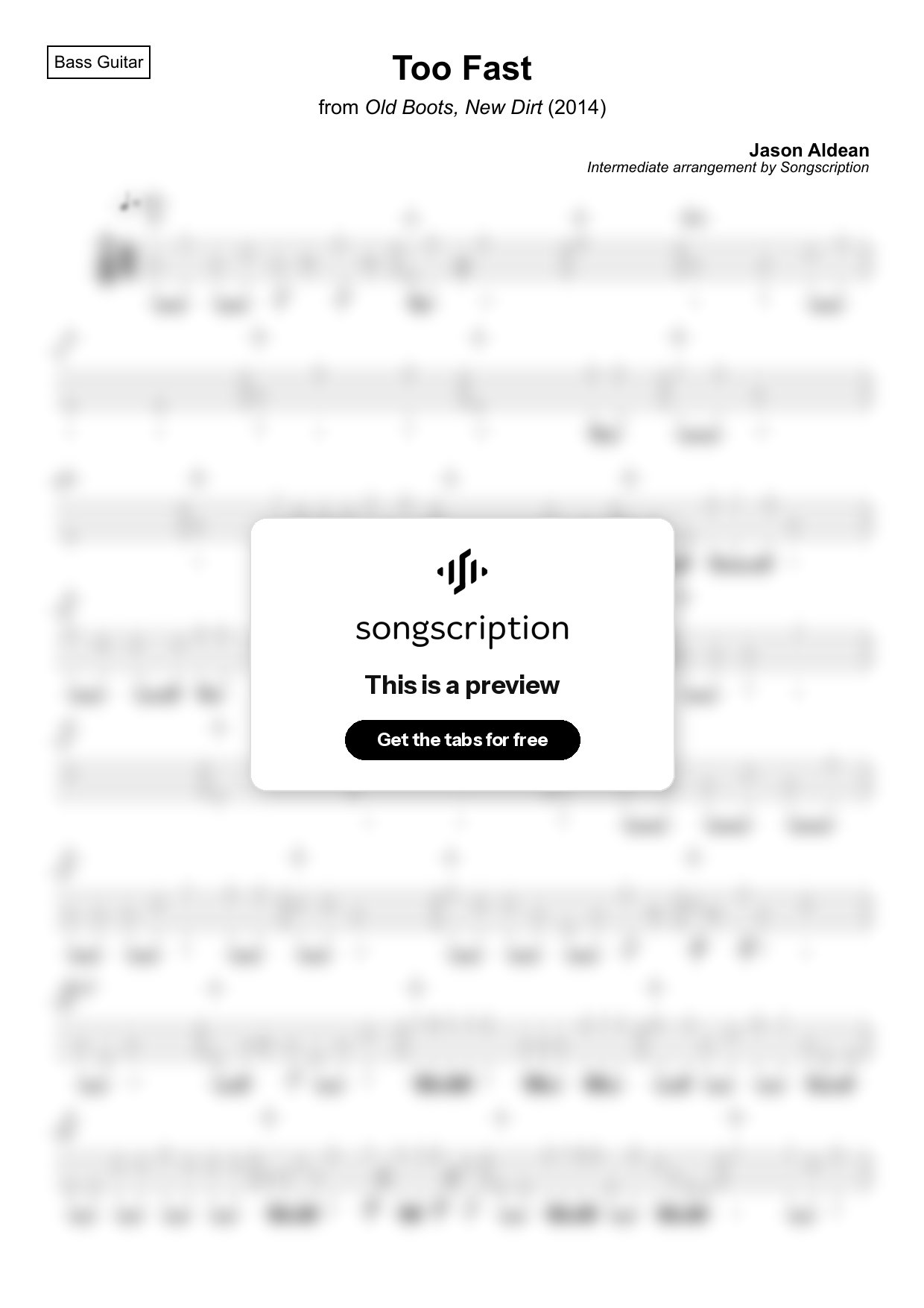 Intermediate Bass Guitar Tabs for "Too Fast" by Jason Aldean