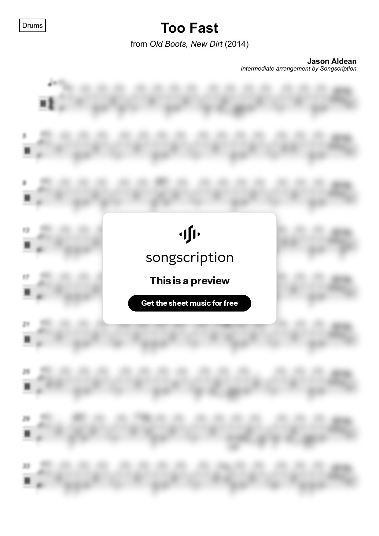 Intermediate Drums Sheet Music for "Too Fast" by Jason Aldean