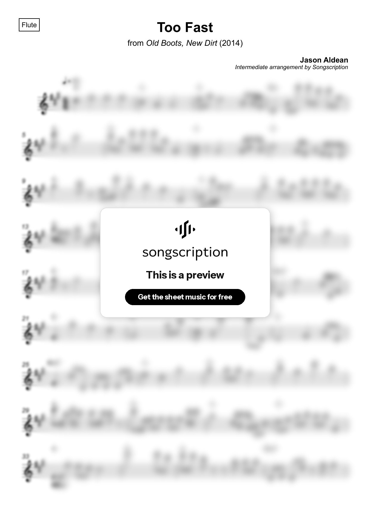 Intermediate Flute Sheet Music for "Too Fast" by Jason Aldean
