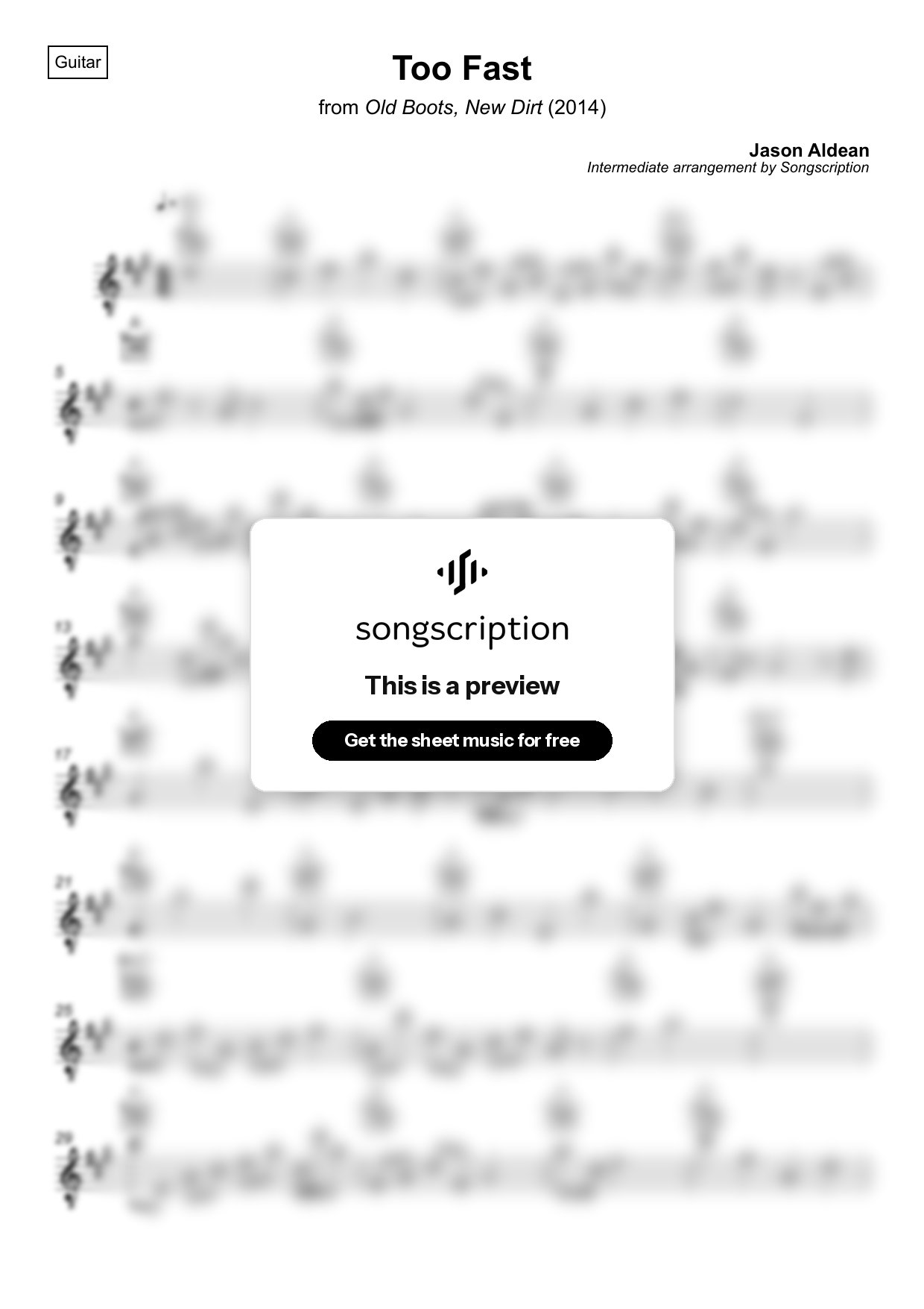 Intermediate Acoustic Guitar Sheet Music for "Too Fast" by Jason Aldean