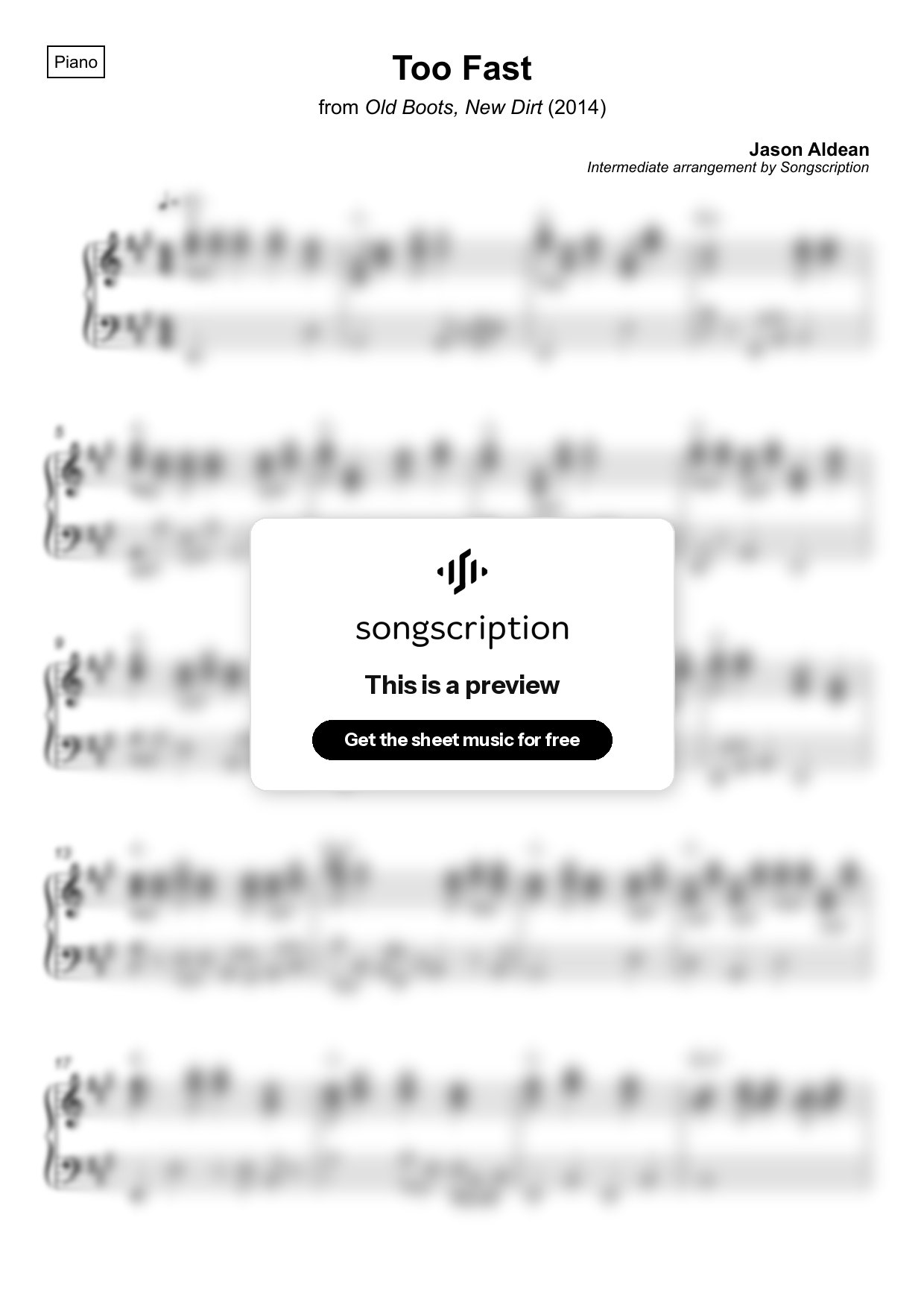 Intermediate Piano Sheet Music for "Too Fast" by Jason Aldean