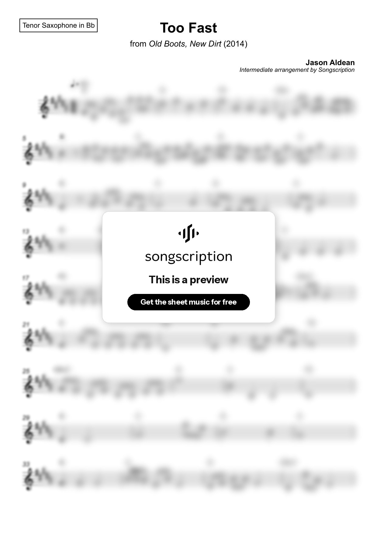 Intermediate Tenor Sax Sheet Music for "Too Fast" by Jason Aldean
