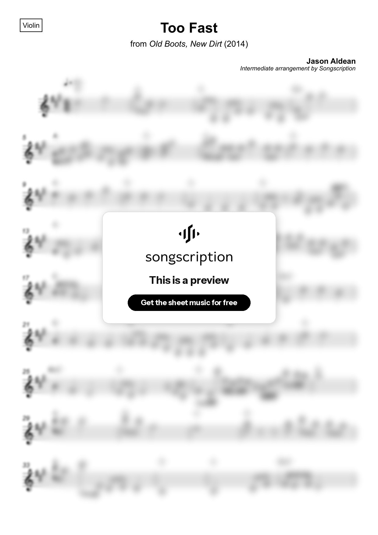 Intermediate Violin Sheet Music for "Too Fast" by Jason Aldean