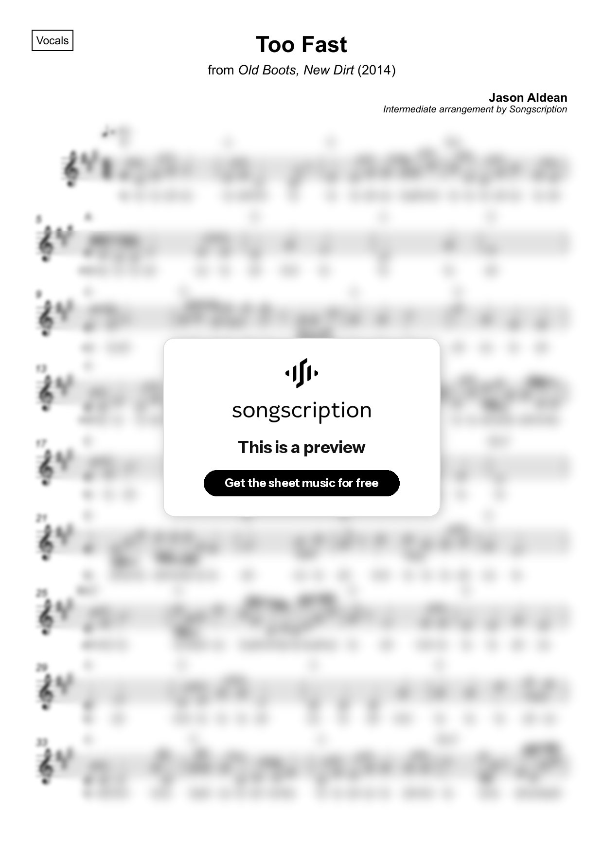 Intermediate Vocals Sheet Music for "Too Fast" by Jason Aldean