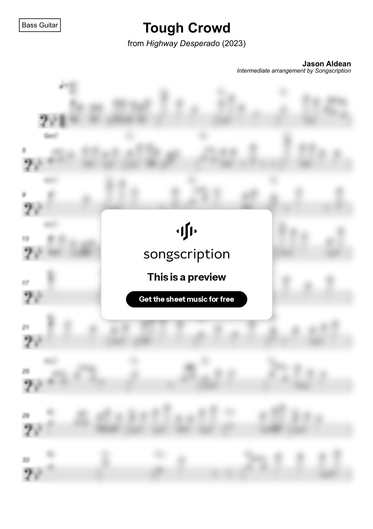 Intermediate Bass Guitar Sheet Music for "Tough Crowd" by Jason Aldean