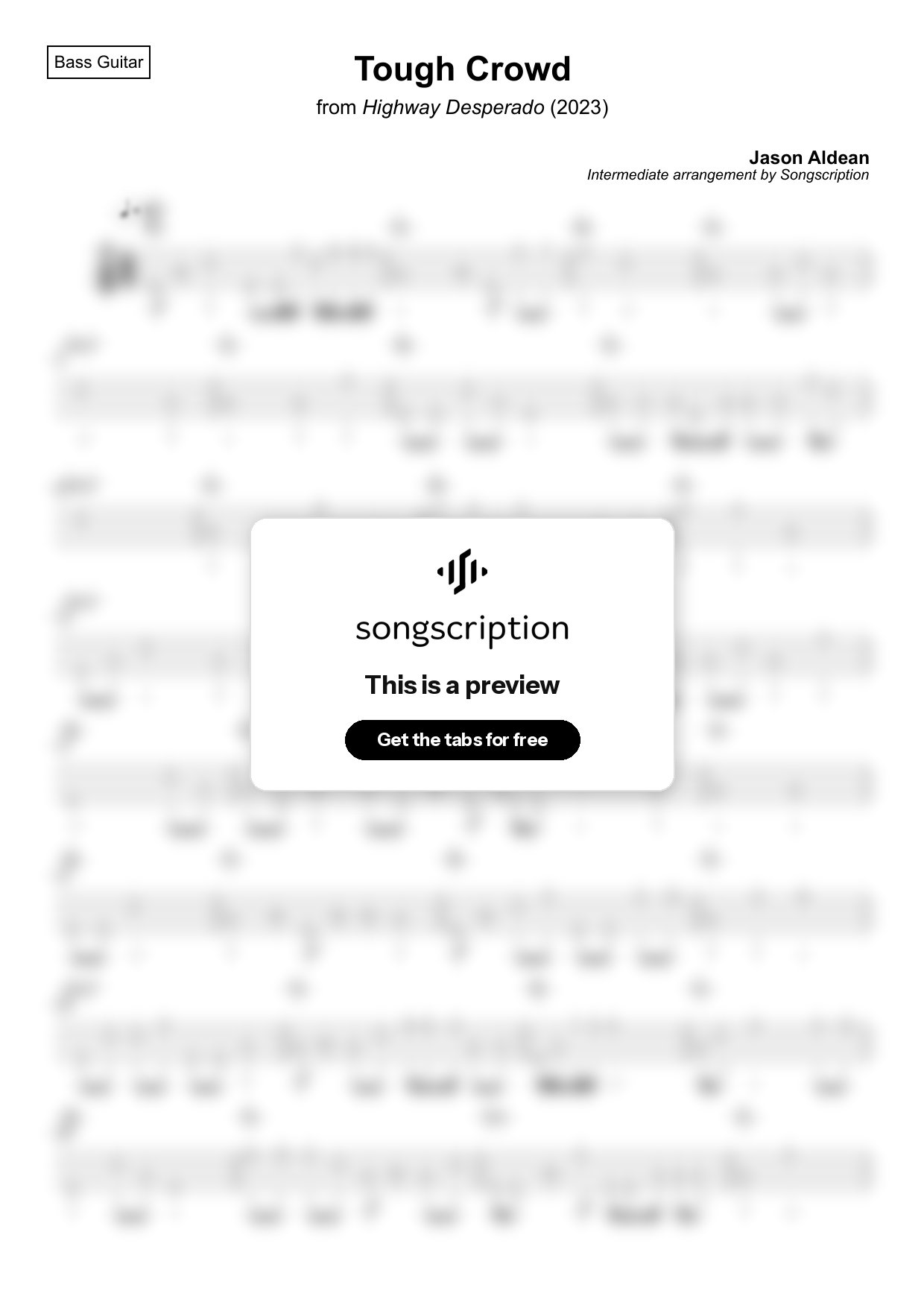 Intermediate Bass Guitar Tabs for "Tough Crowd" by Jason Aldean