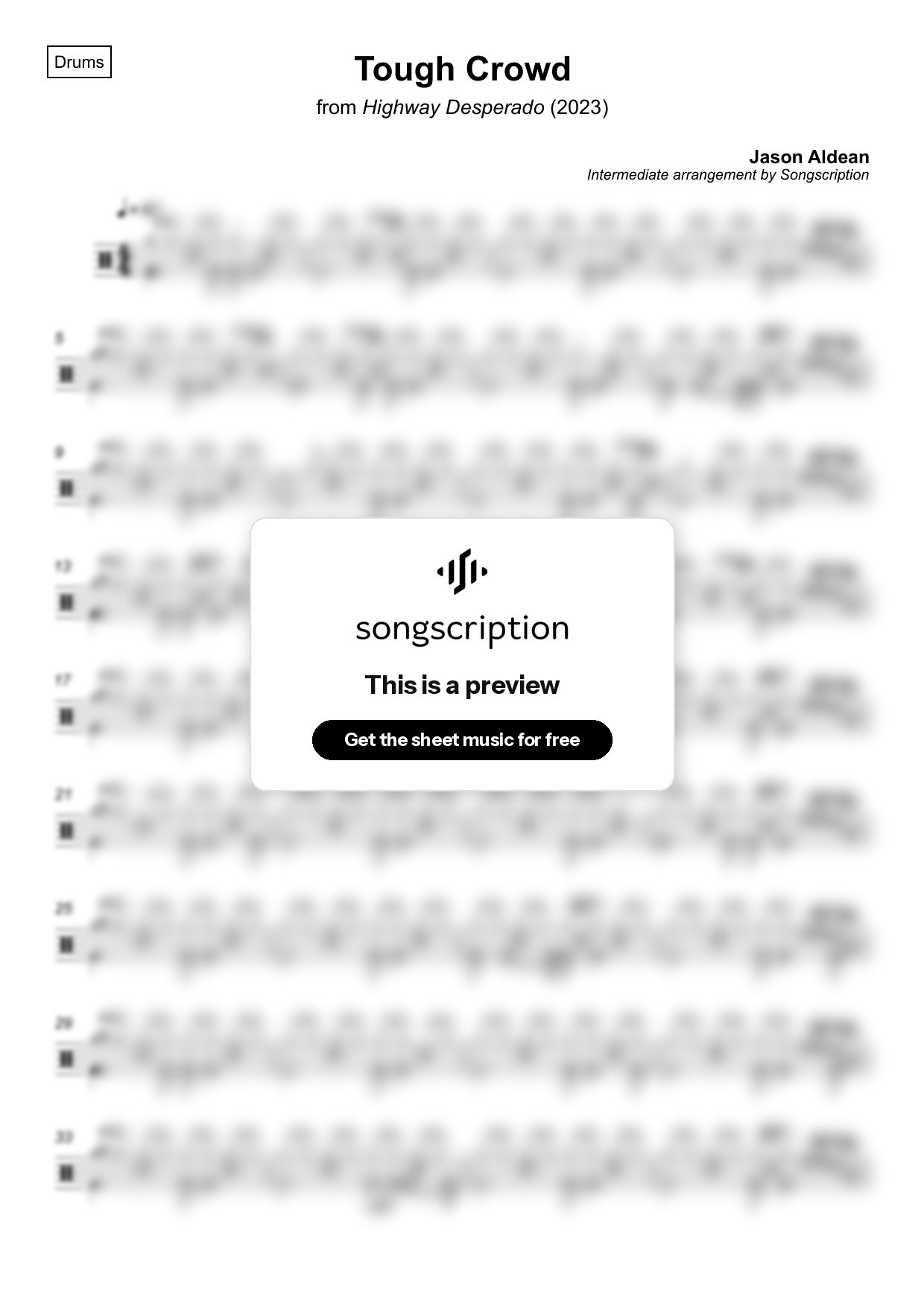 Intermediate Drums Sheet Music for "Tough Crowd" by Jason Aldean