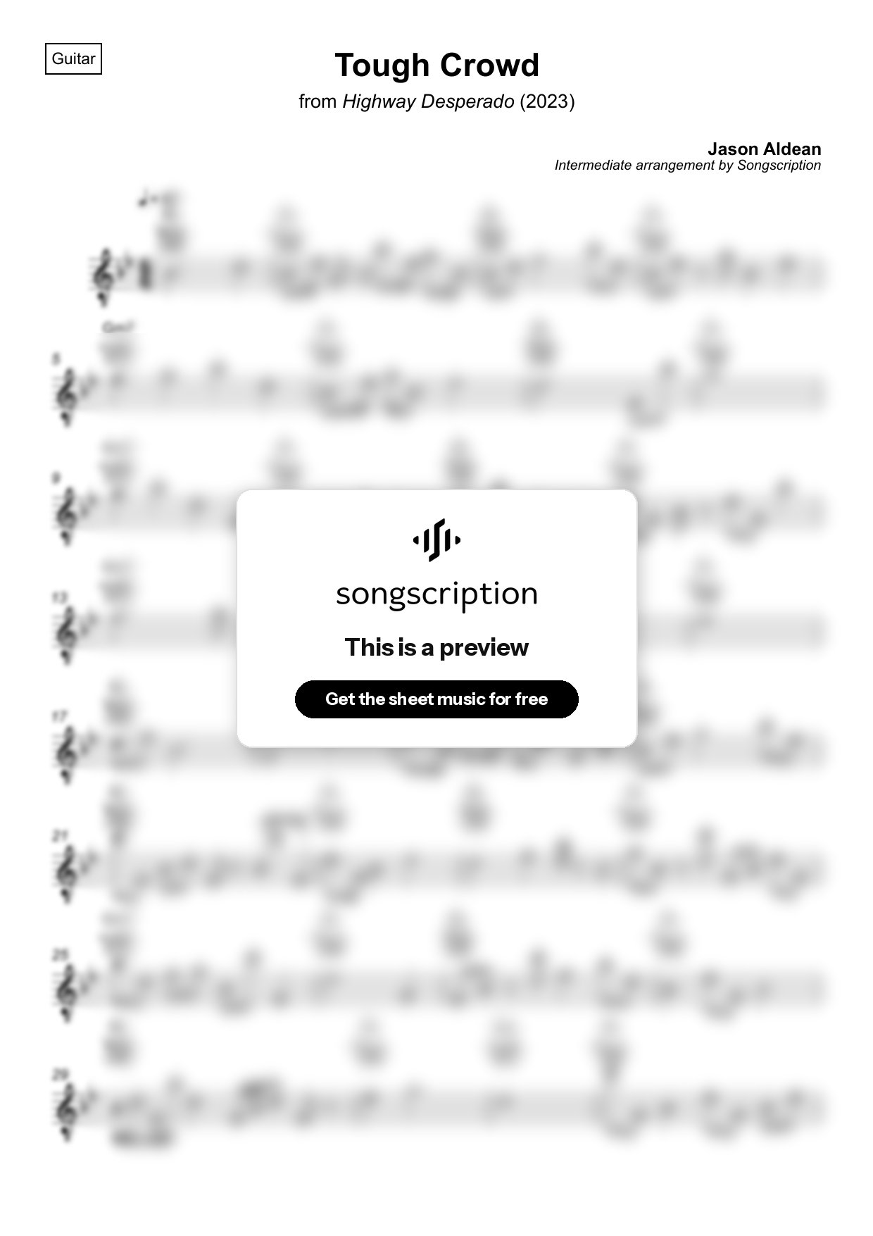 Intermediate Acoustic Guitar Sheet Music for "Tough Crowd" by Jason Aldean
