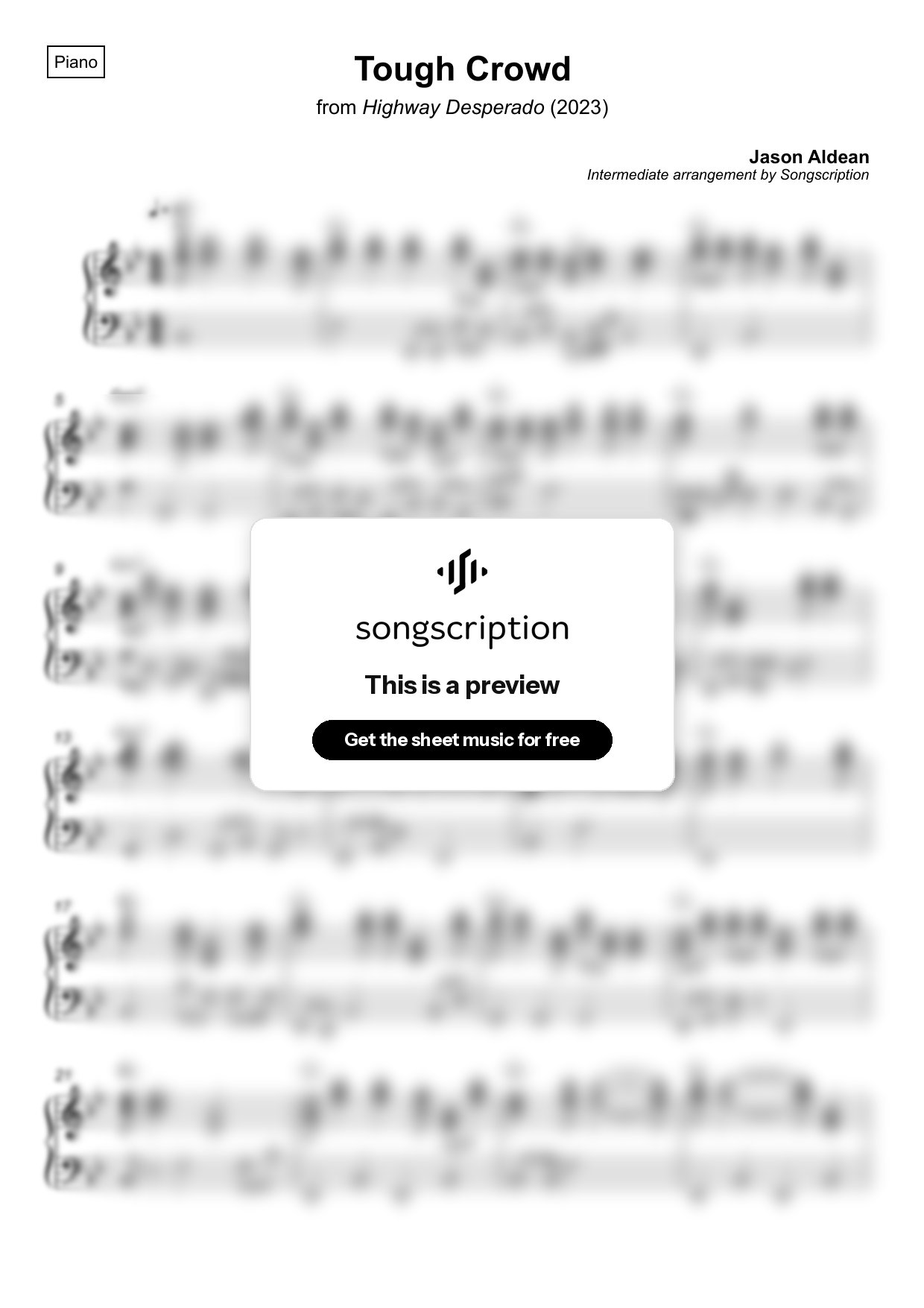 Intermediate Piano Sheet Music for "Tough Crowd" by Jason Aldean