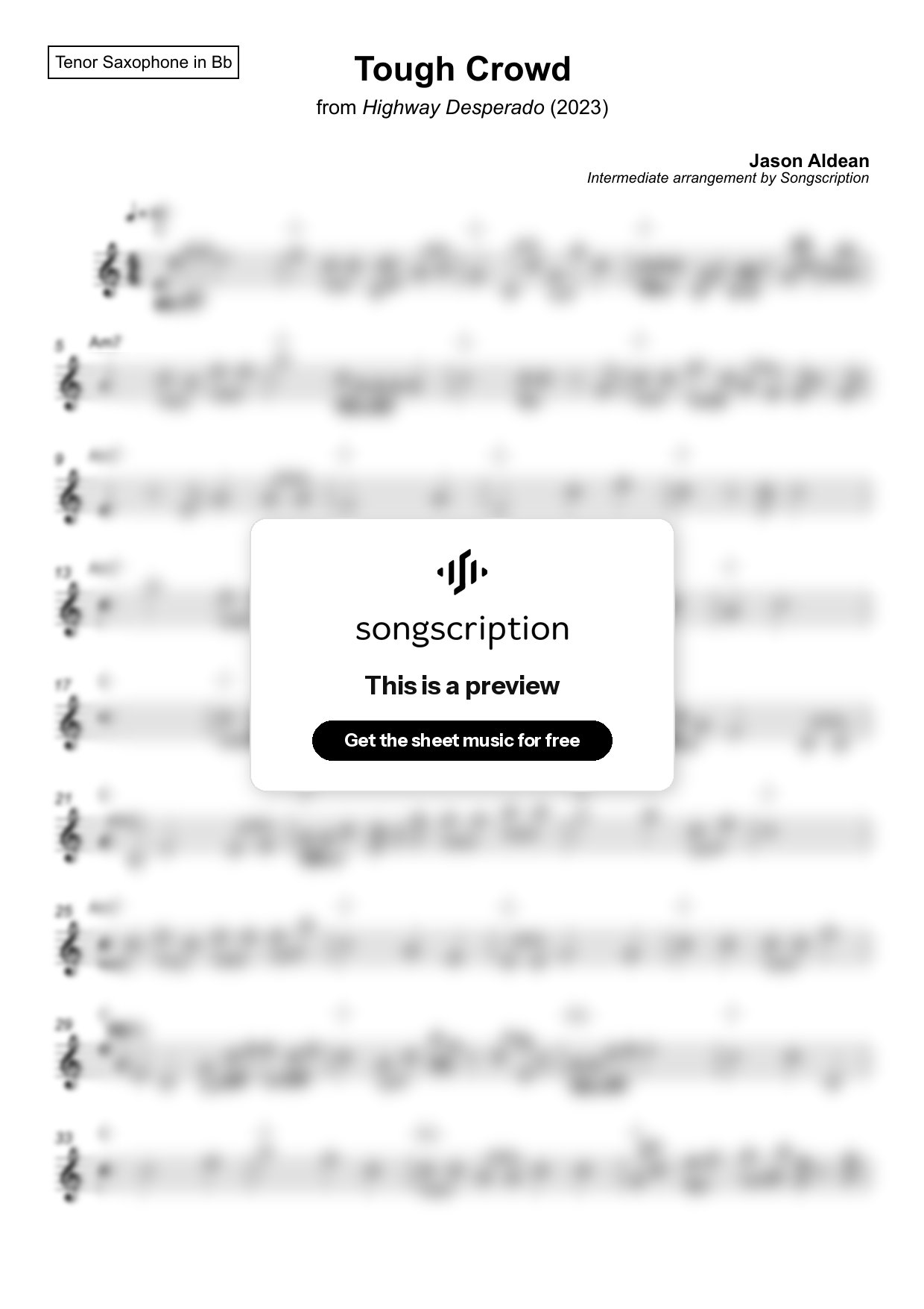 Intermediate Tenor Sax Sheet Music for "Tough Crowd" by Jason Aldean