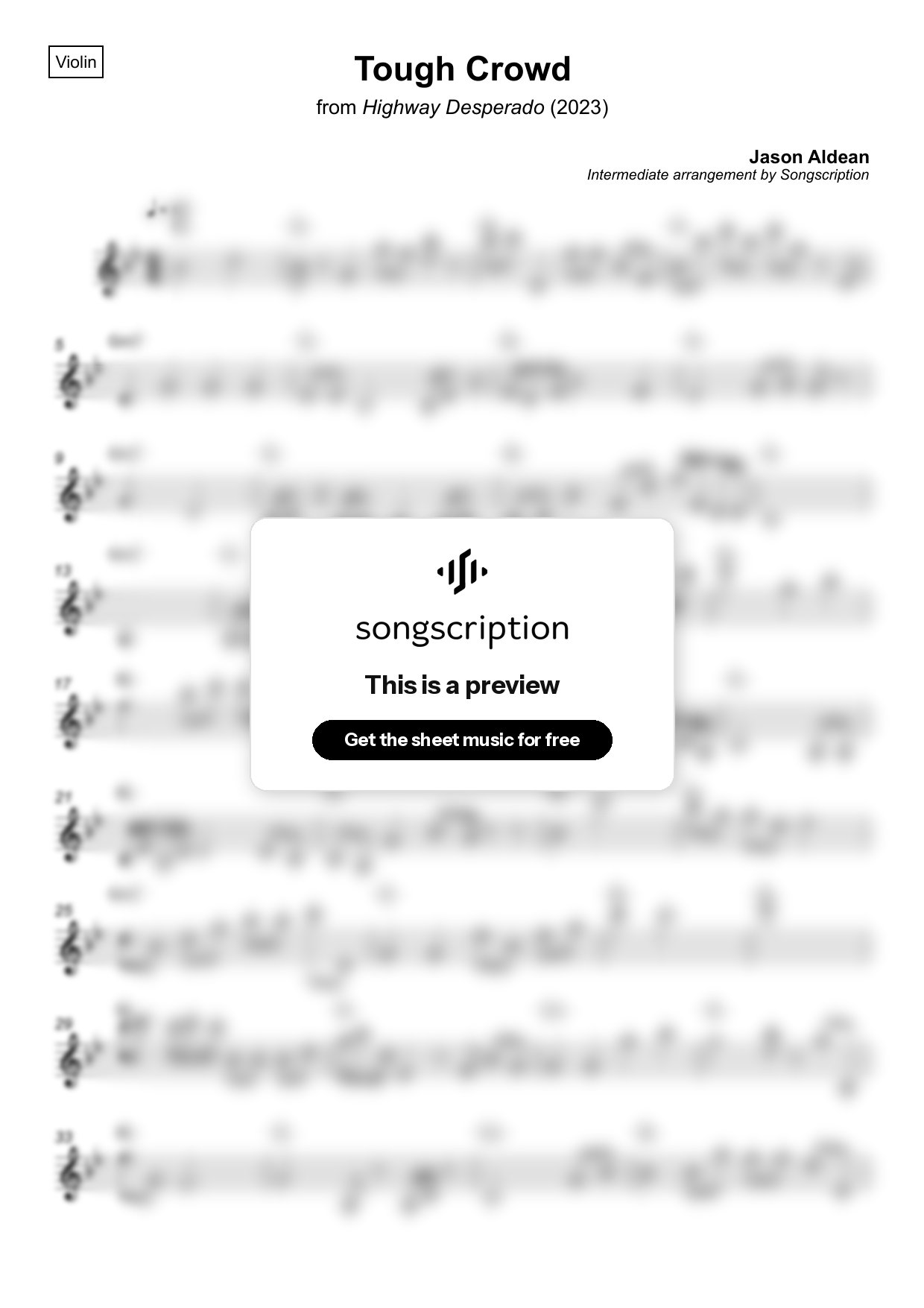 Intermediate Violin Sheet Music for "Tough Crowd" by Jason Aldean