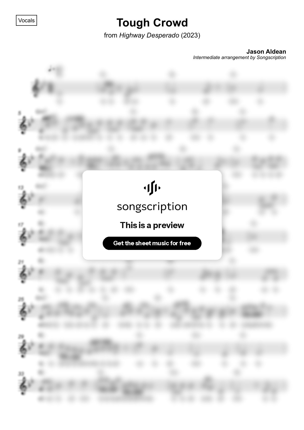 Intermediate Vocals Sheet Music for "Tough Crowd" by Jason Aldean