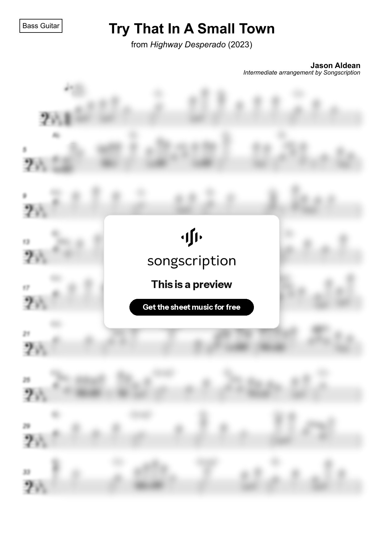 Intermediate Bass Guitar Sheet Music for "Try That In A Small Town" by Jason Aldean