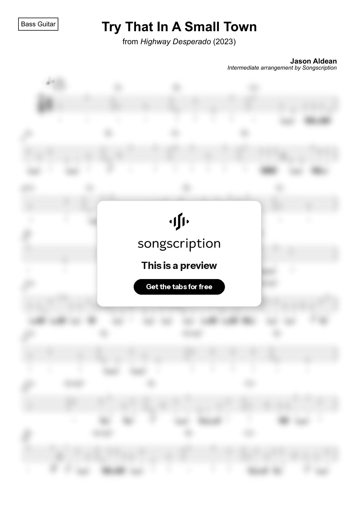 Intermediate Bass Guitar Tabs for "Try That In A Small Town" by Jason Aldean