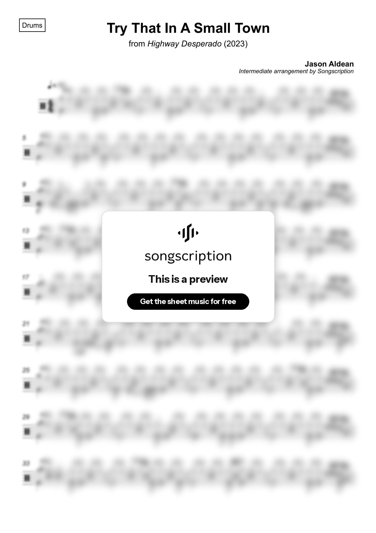 Intermediate Drums Sheet Music for "Try That In A Small Town" by Jason Aldean