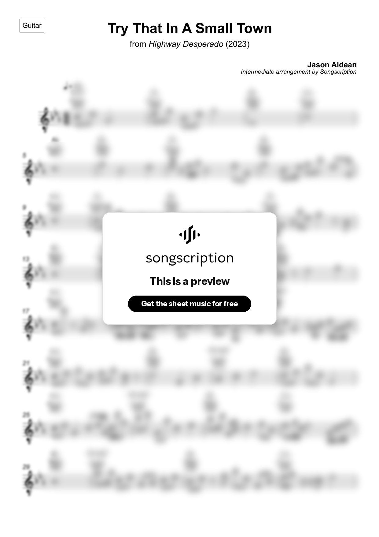 Intermediate Acoustic Guitar Sheet Music for "Try That In A Small Town" by Jason Aldean
