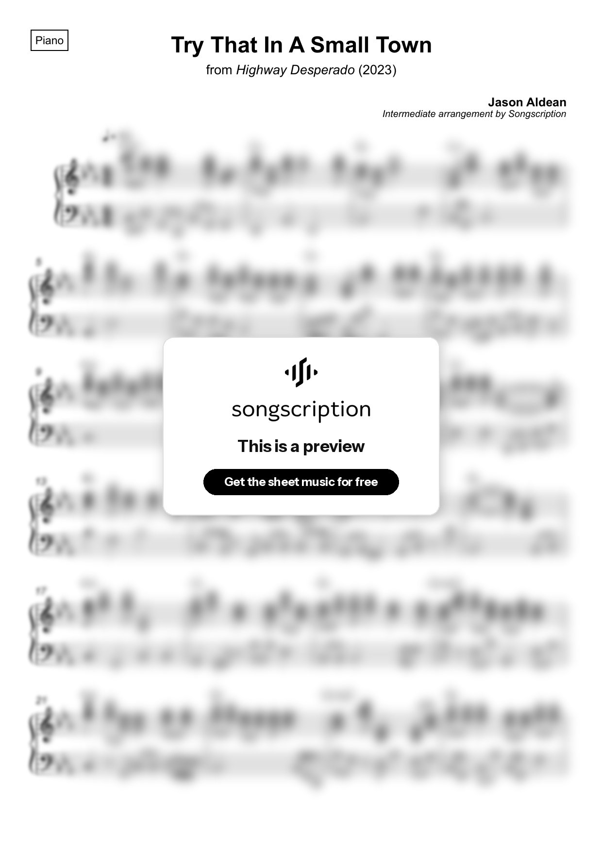 Intermediate Piano Sheet Music for "Try That In A Small Town" by Jason Aldean