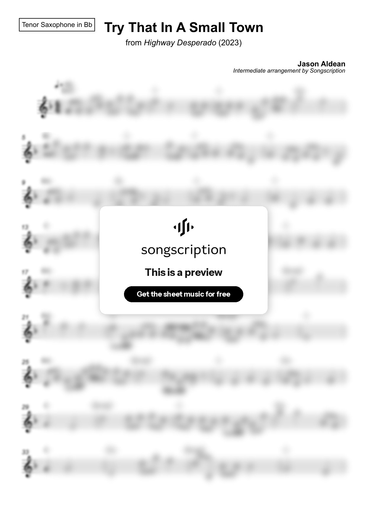 Intermediate Tenor Sax Sheet Music for "Try That In A Small Town" by Jason Aldean