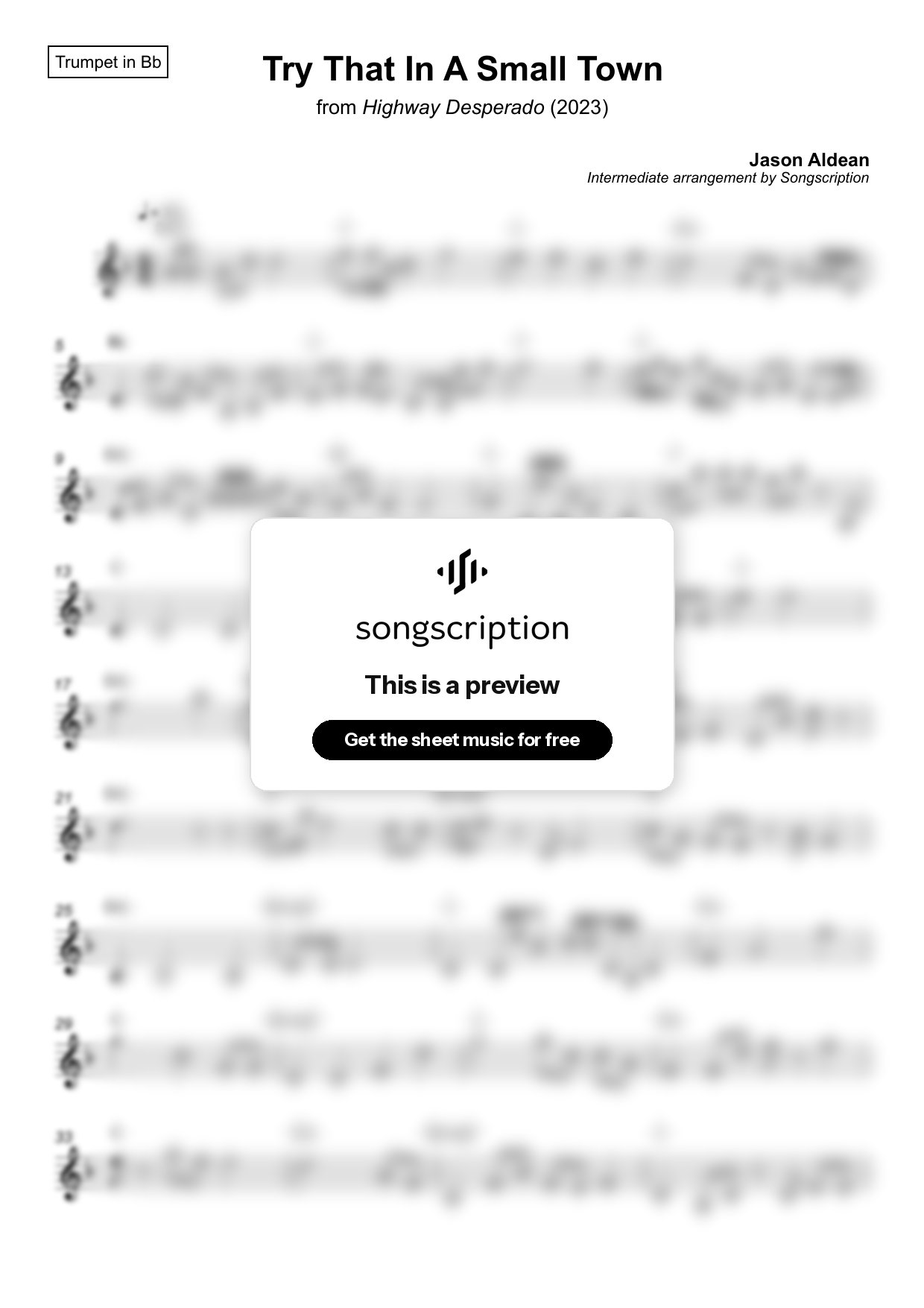 Intermediate Trumpet Sheet Music for "Try That In A Small Town" by Jason Aldean