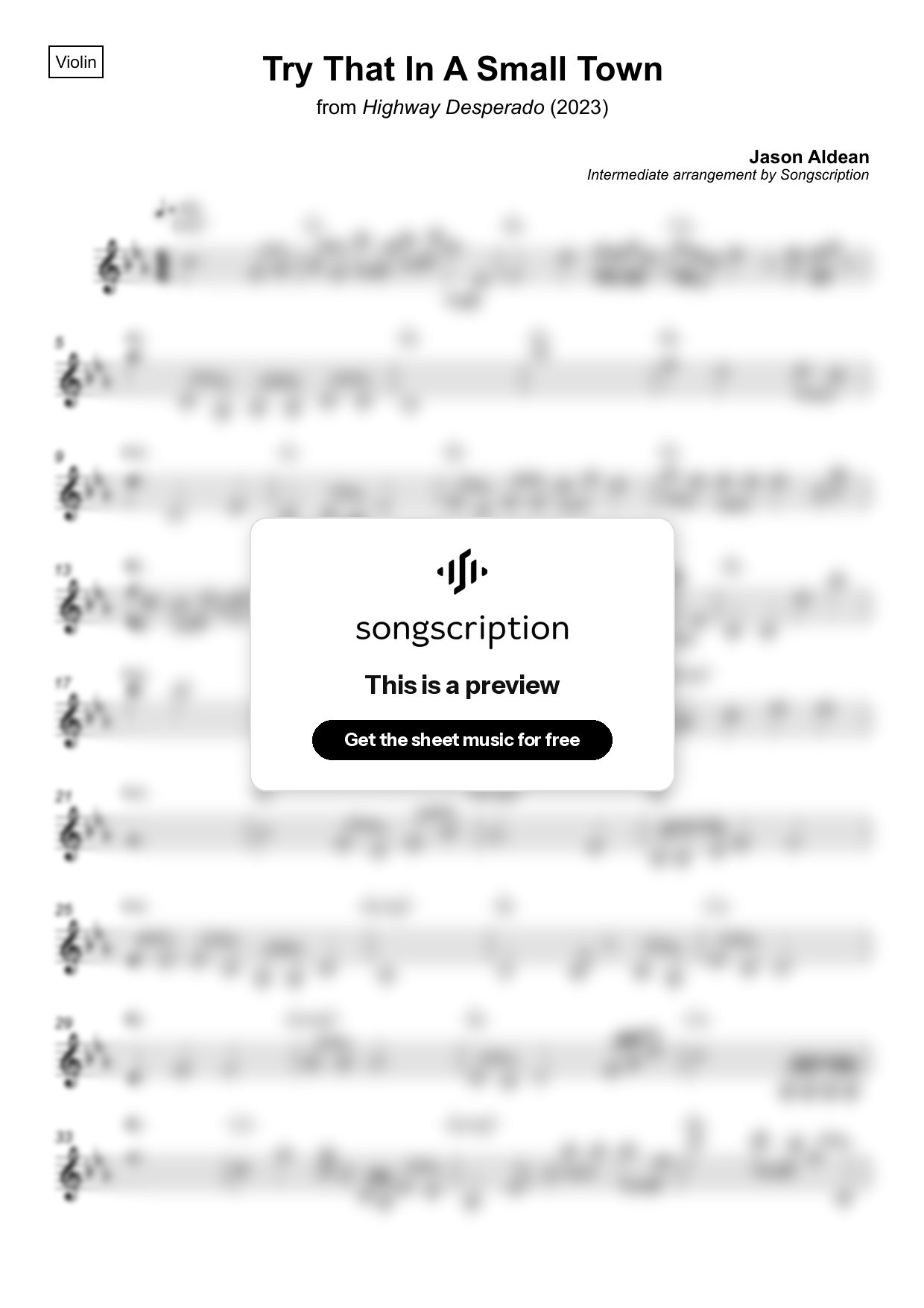 Intermediate Violin Sheet Music for "Try That In A Small Town" by Jason Aldean