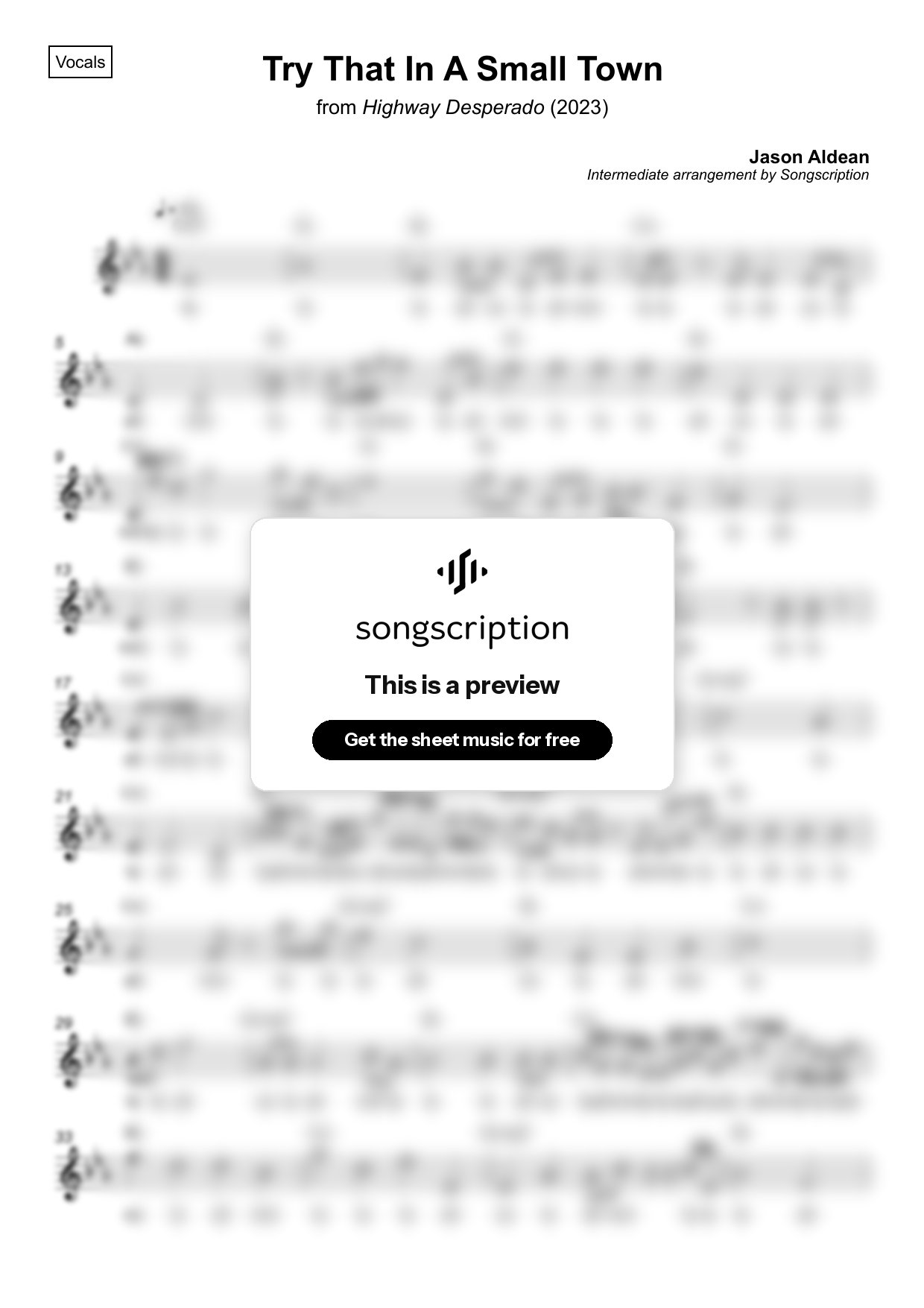 Intermediate Vocals Sheet Music for "Try That In A Small Town" by Jason Aldean