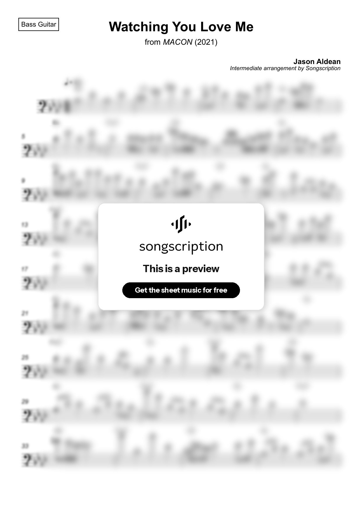 Intermediate Bass Guitar Sheet Music for "Watching You Love Me" by Jason Aldean