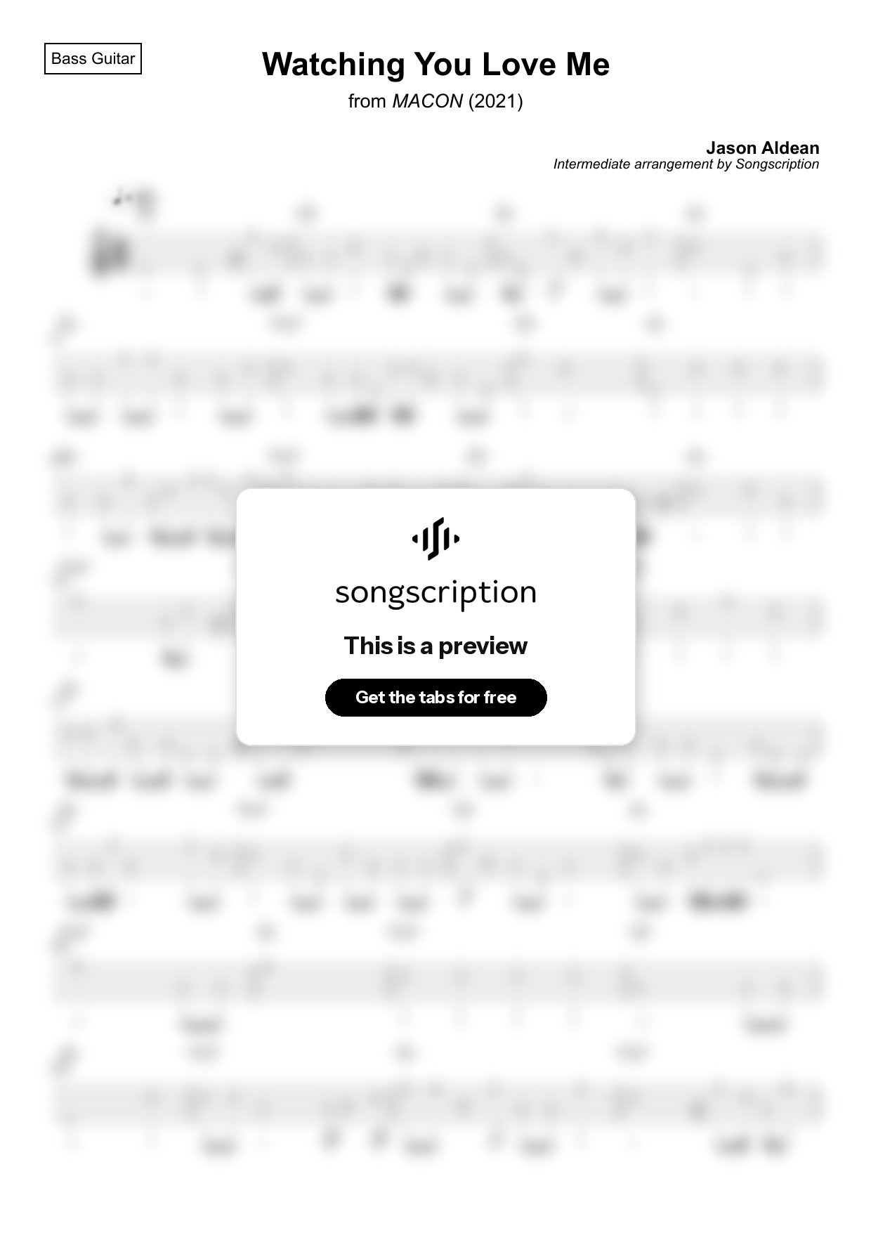 Intermediate Bass Guitar Tabs for "Watching You Love Me" by Jason Aldean
