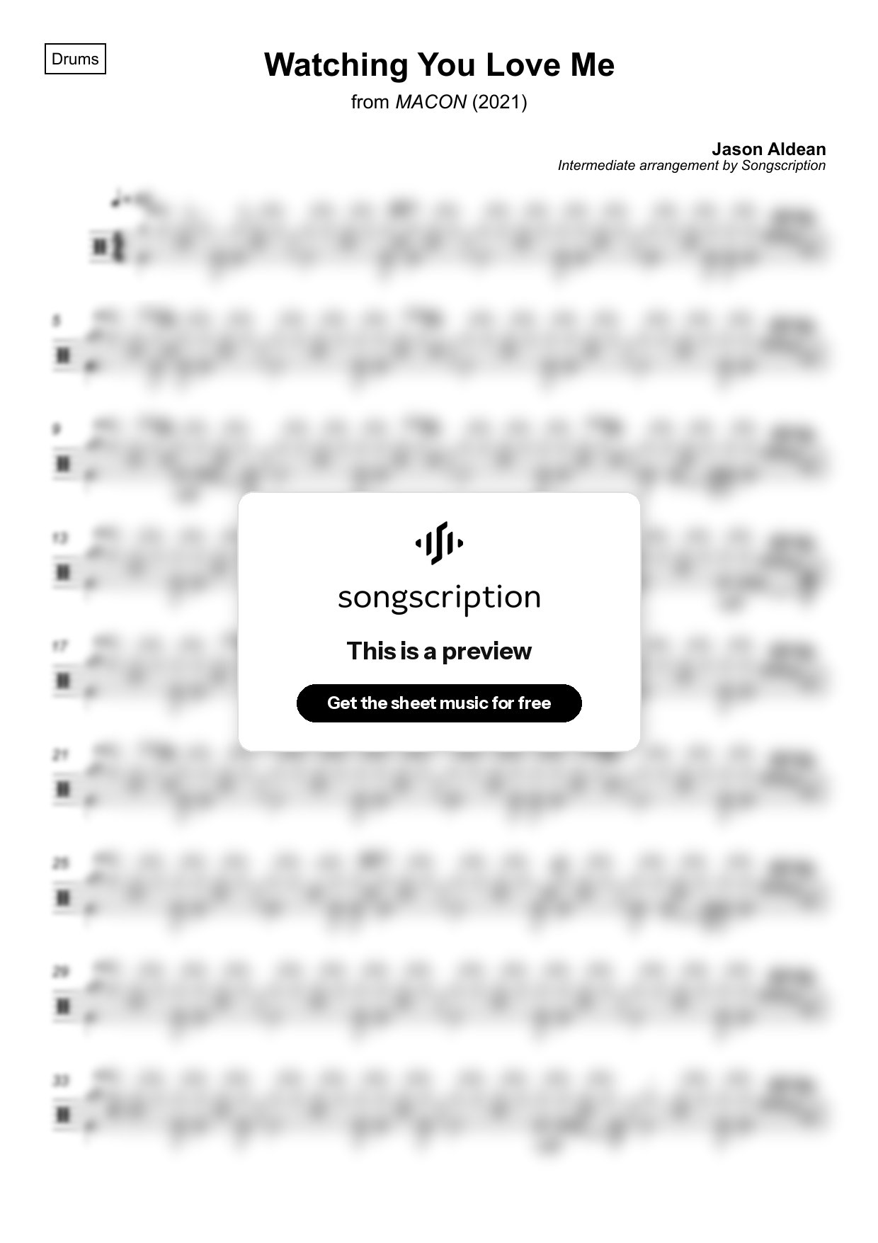 Intermediate Drums Sheet Music for "Watching You Love Me" by Jason Aldean