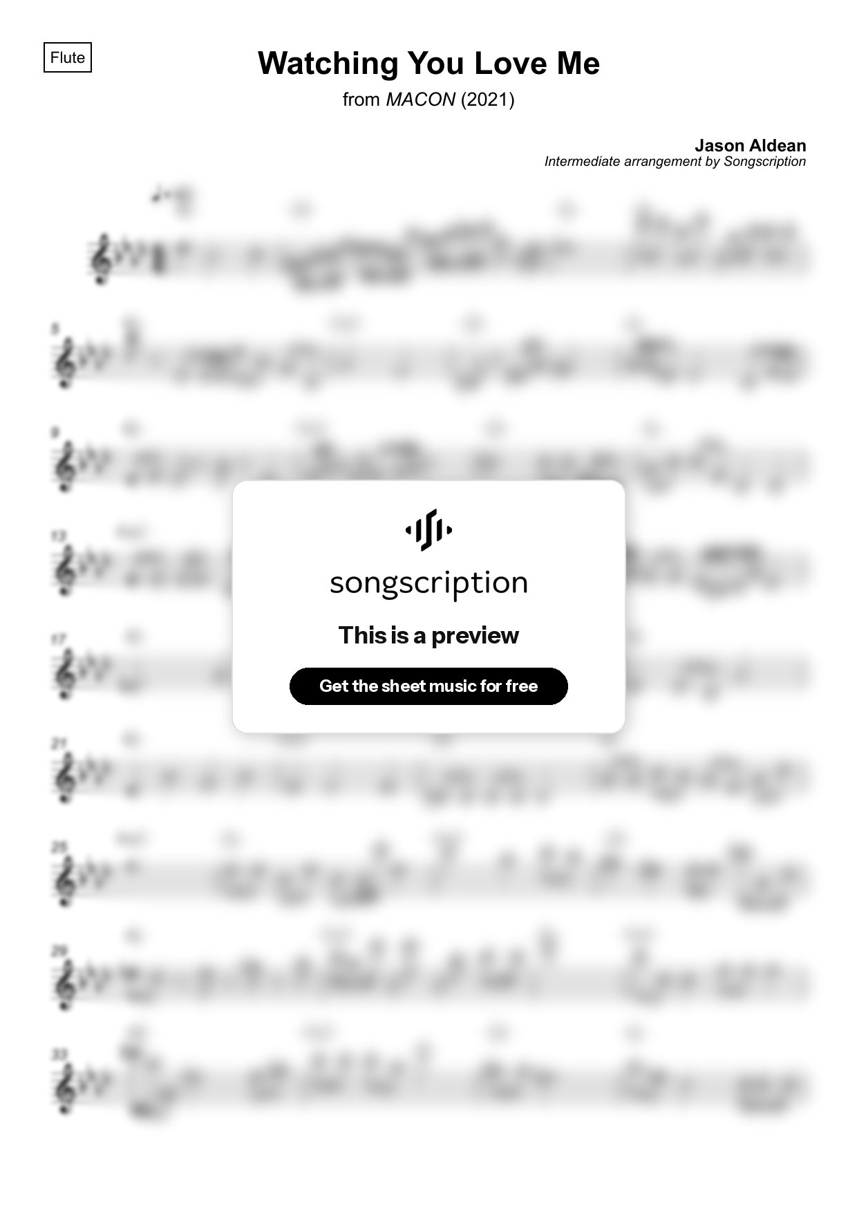Intermediate Flute Sheet Music for "Watching You Love Me" by Jason Aldean