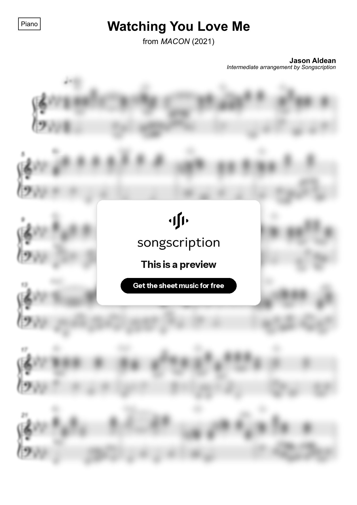 Intermediate Piano Sheet Music for "Watching You Love Me" by Jason Aldean
