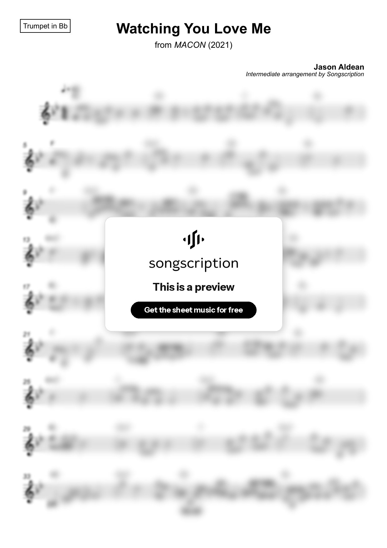 Intermediate Trumpet Sheet Music for "Watching You Love Me" by Jason Aldean