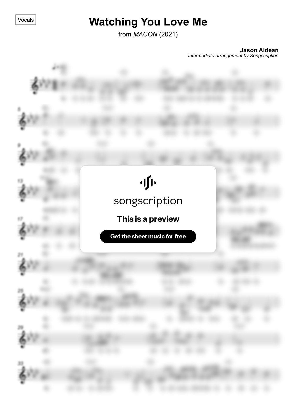 Intermediate Vocals Sheet Music for "Watching You Love Me" by Jason Aldean