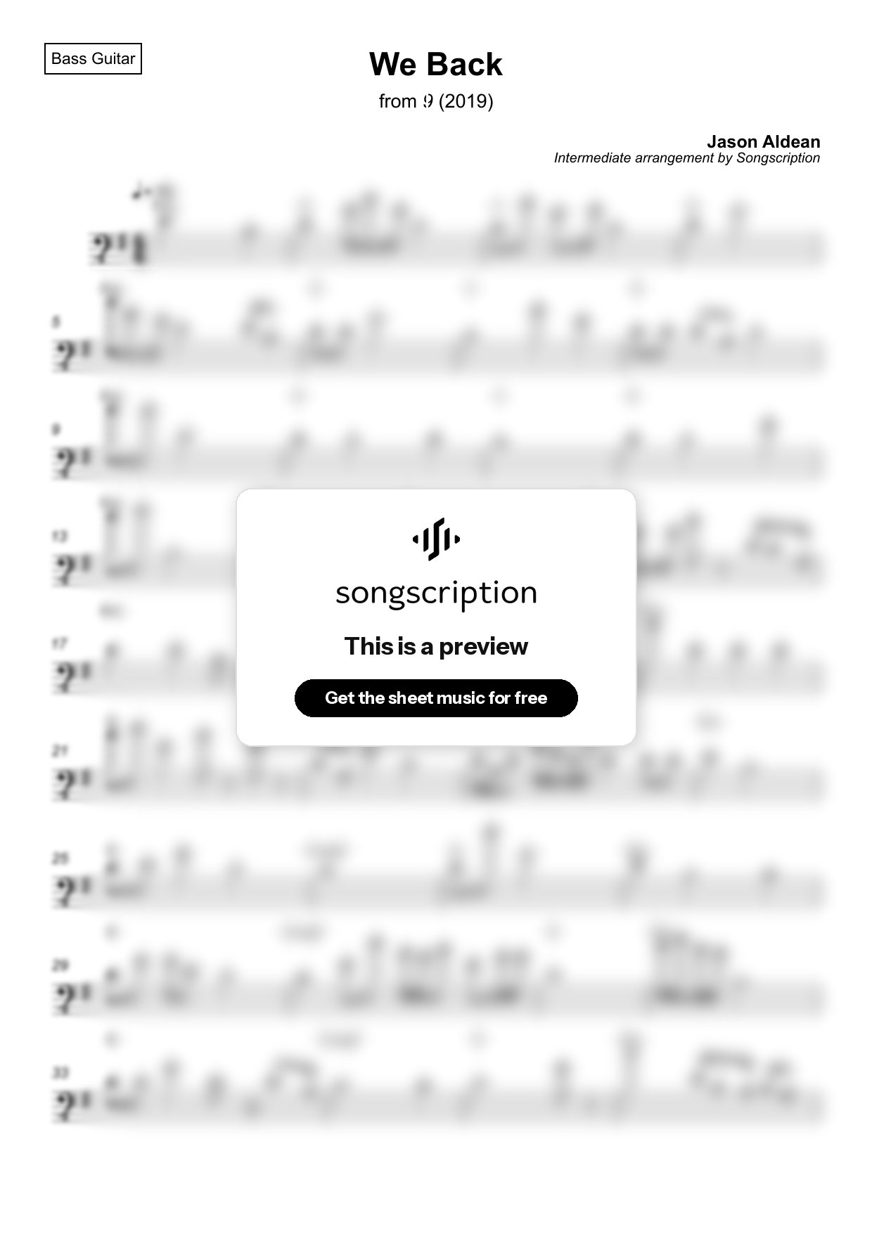 Intermediate Bass Guitar Sheet Music for "We Back" by Jason Aldean