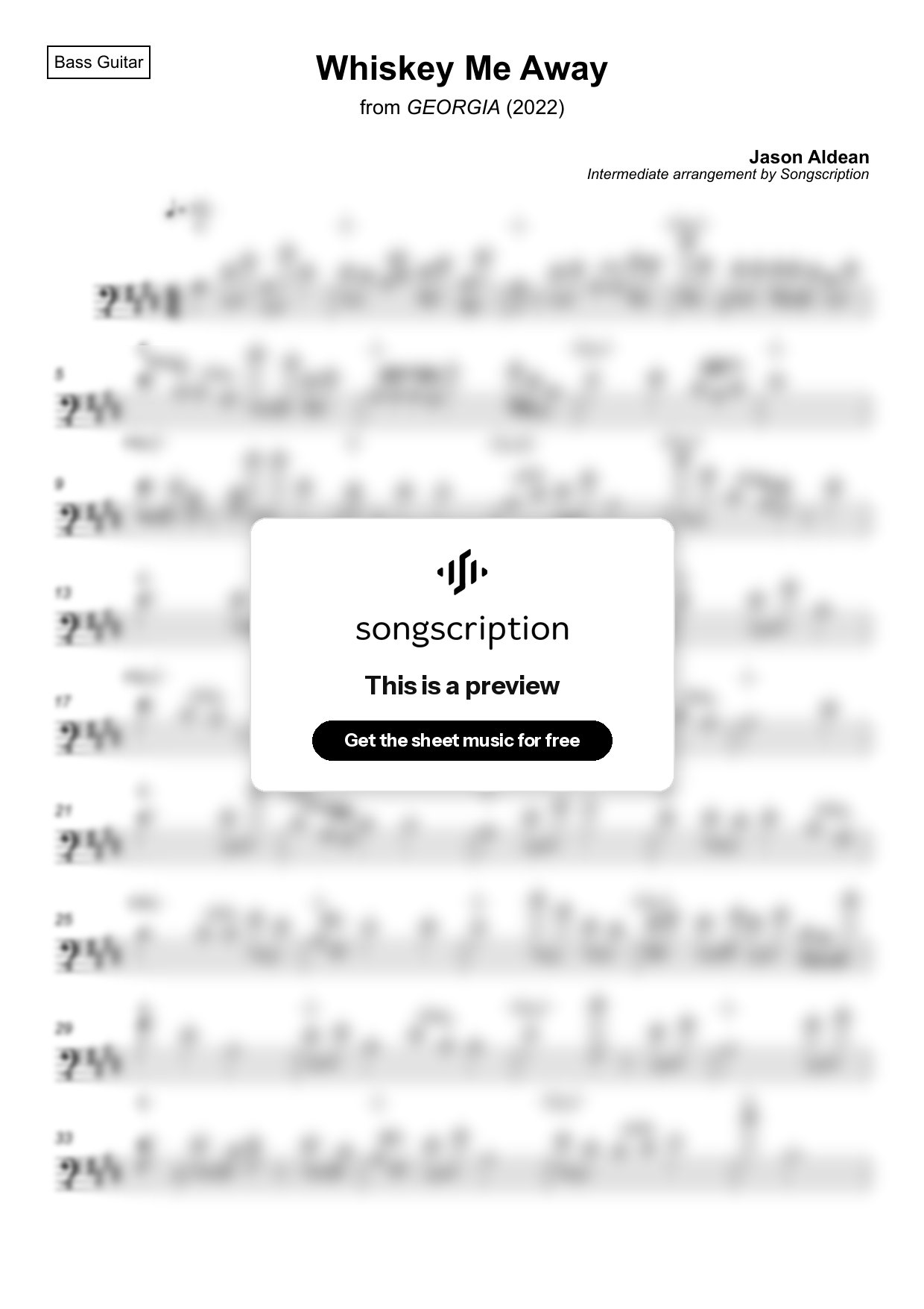Intermediate Bass Guitar Sheet Music for "Whiskey Me Away" by Jason Aldean