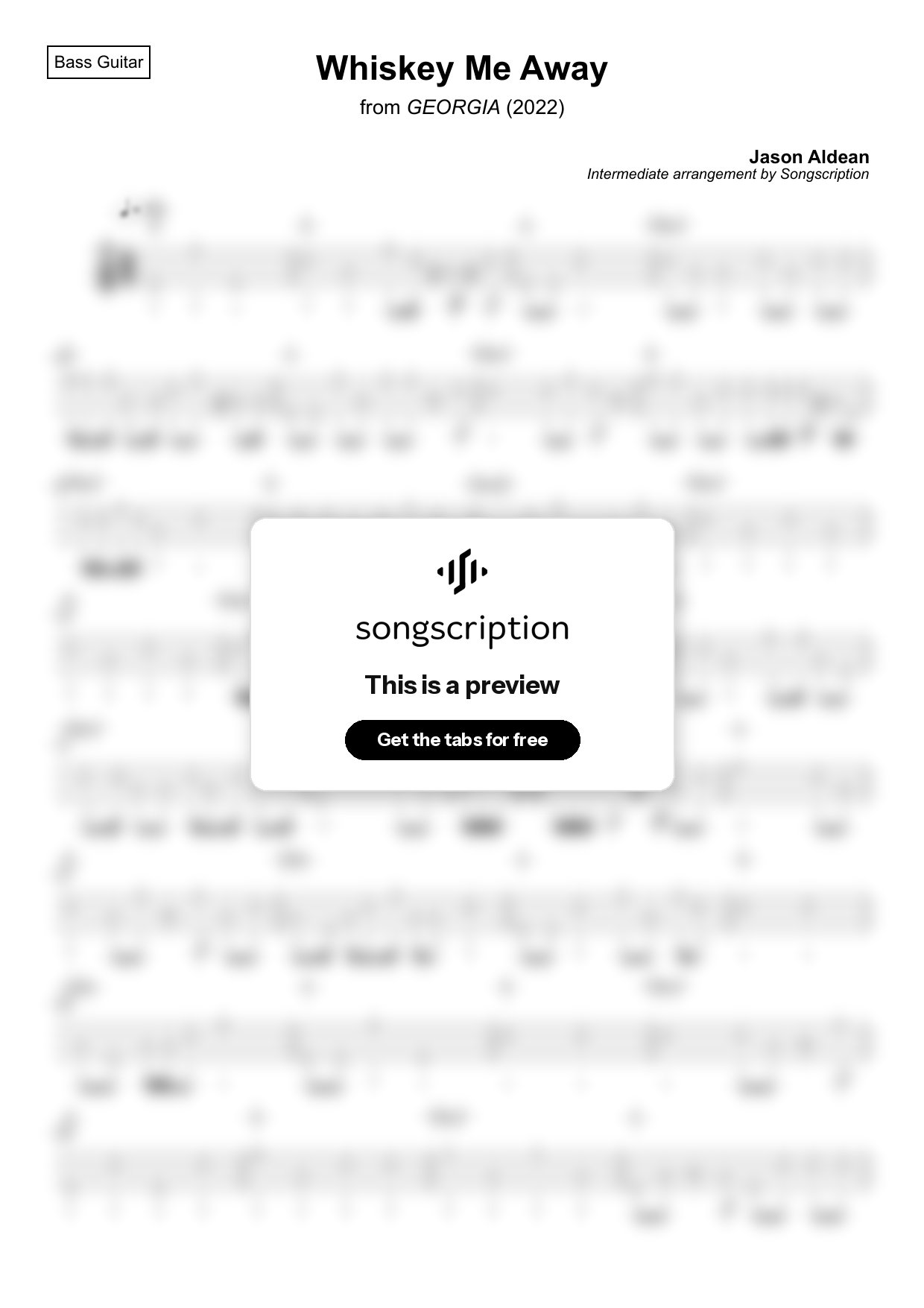 Intermediate Bass Guitar Tabs for "Whiskey Me Away" by Jason Aldean