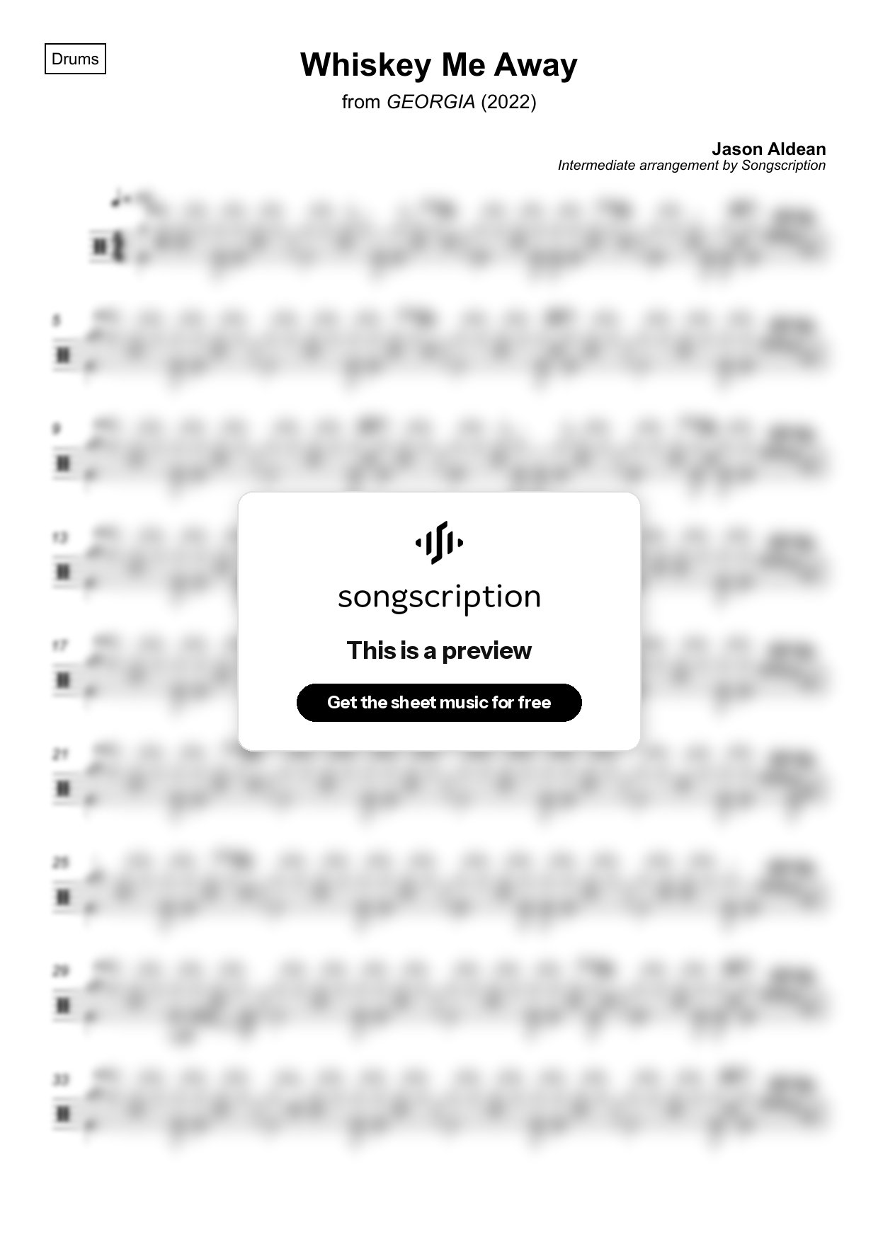 Intermediate Drums Sheet Music for "Whiskey Me Away" by Jason Aldean