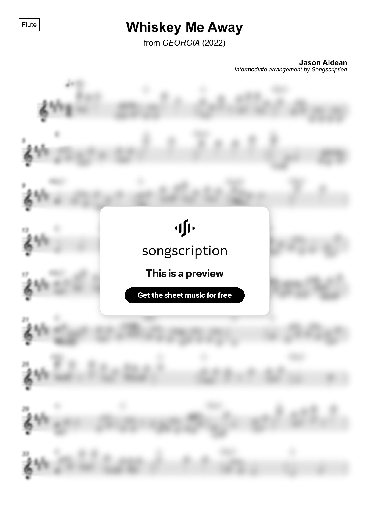 Intermediate Flute Sheet Music for "Whiskey Me Away" by Jason Aldean