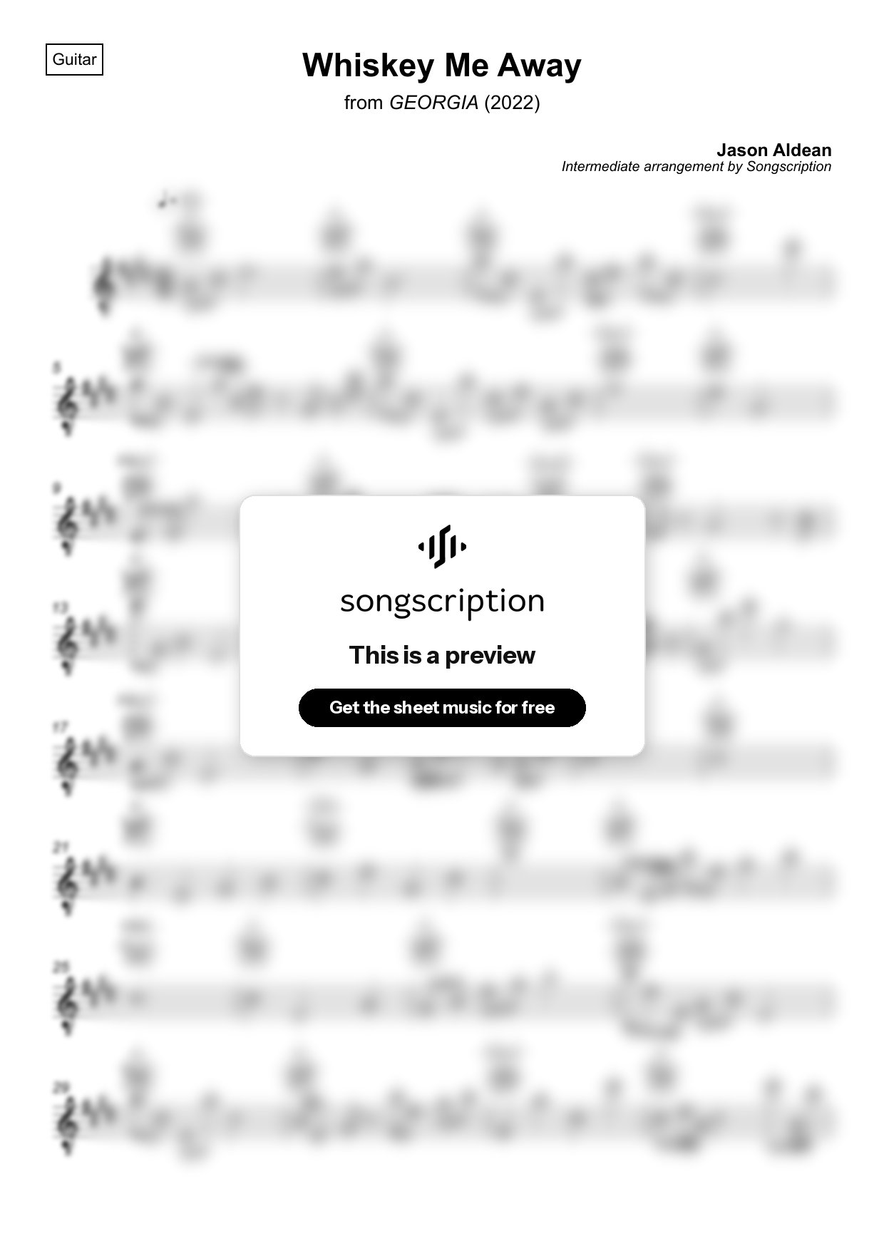 Intermediate Acoustic Guitar Sheet Music for "Whiskey Me Away" by Jason Aldean