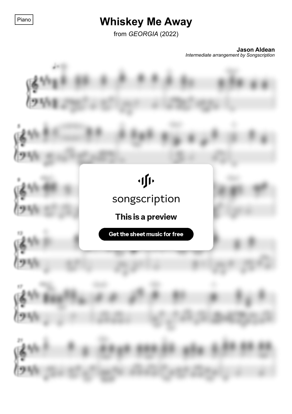 Intermediate Piano Sheet Music for "Whiskey Me Away" by Jason Aldean