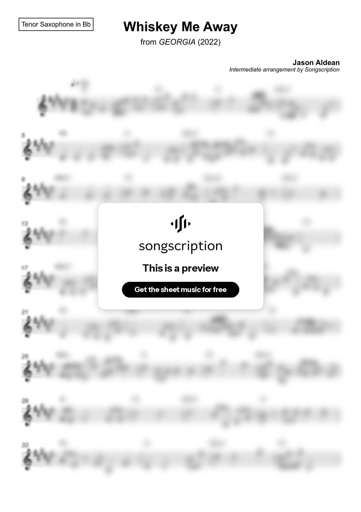Intermediate Tenor Sax Sheet Music for "Whiskey Me Away" by Jason Aldean