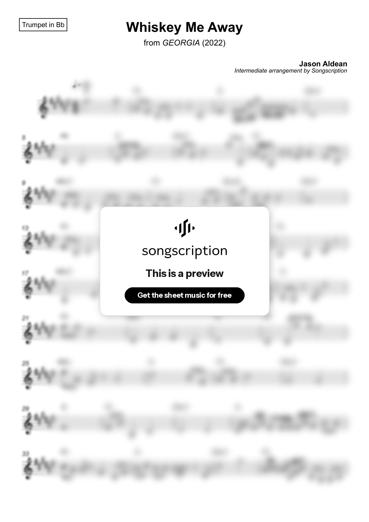 Intermediate Trumpet Sheet Music for "Whiskey Me Away" by Jason Aldean