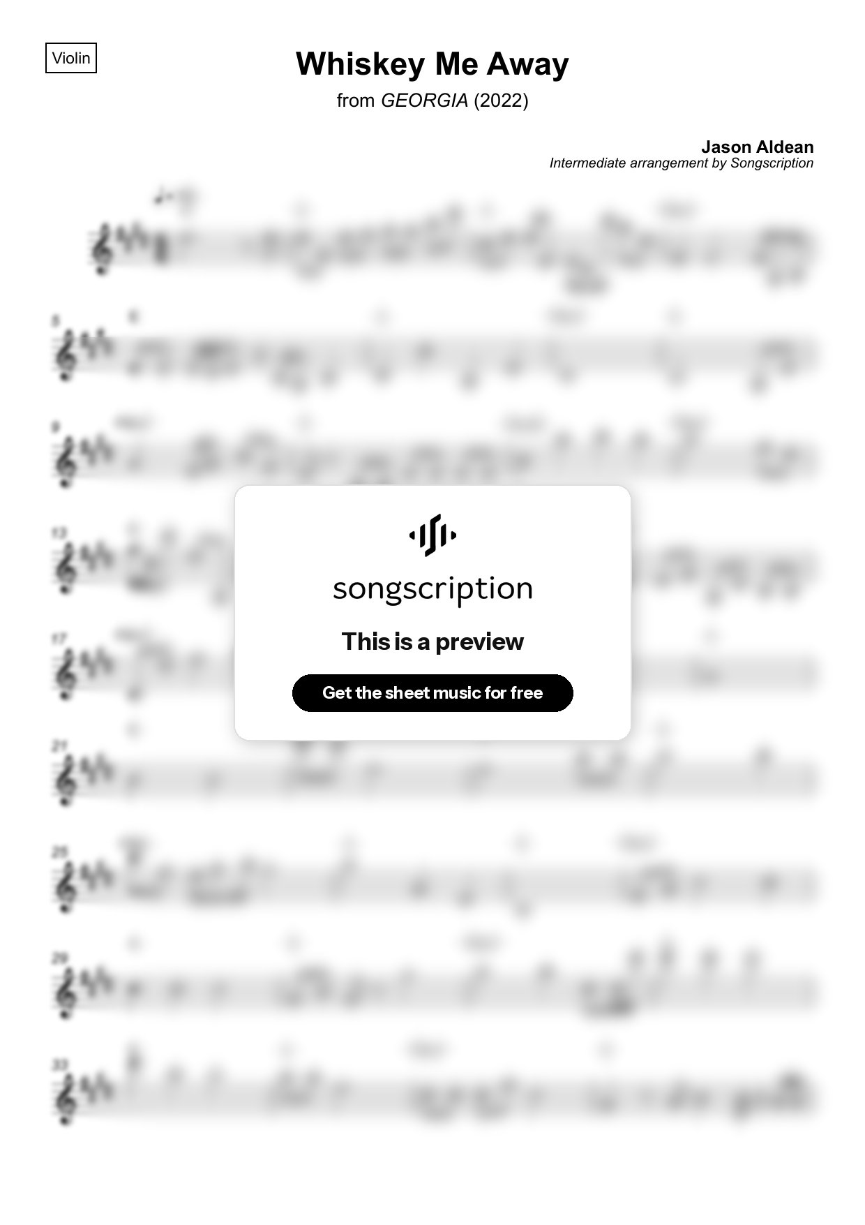 Intermediate Violin Sheet Music for "Whiskey Me Away" by Jason Aldean
