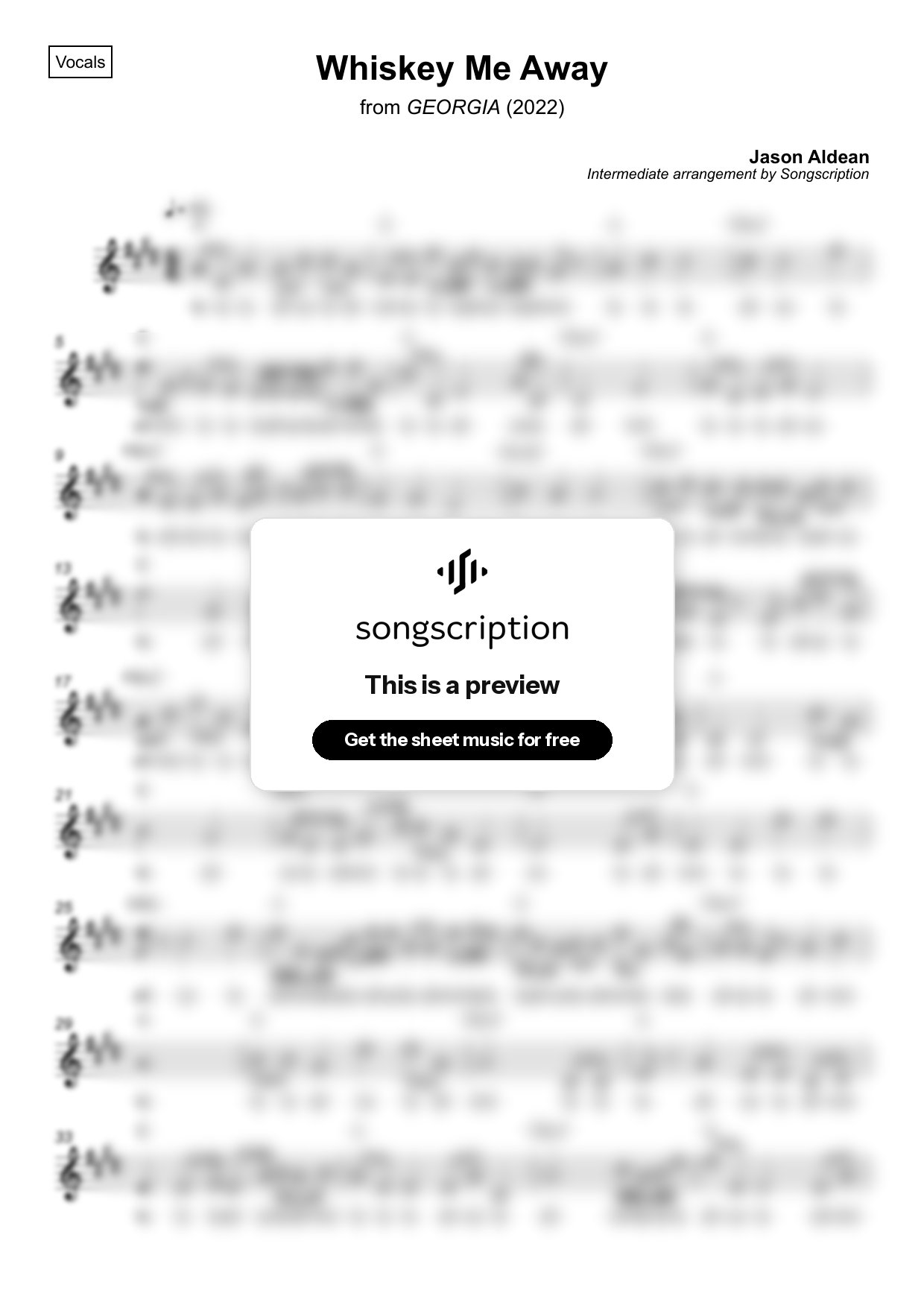 Intermediate Vocals Sheet Music for "Whiskey Me Away" by Jason Aldean