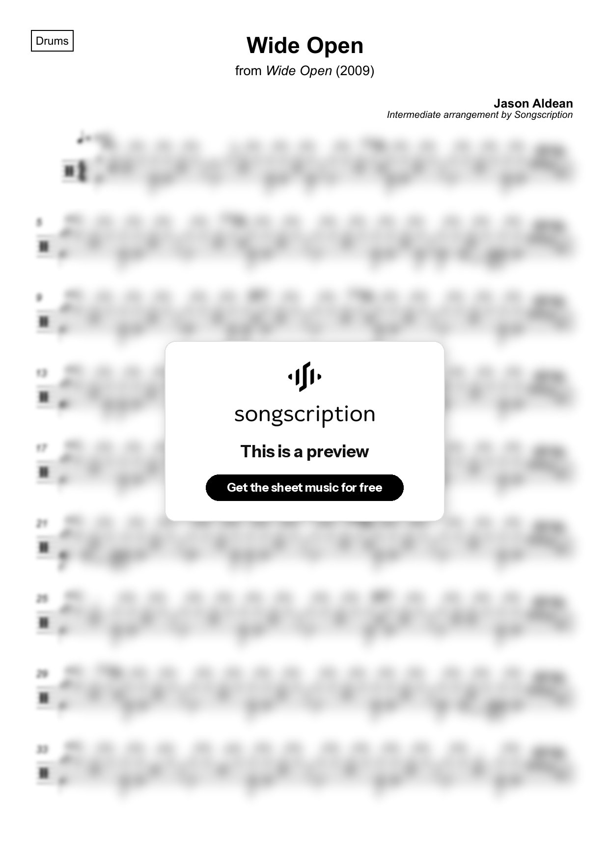 Intermediate Drums Sheet Music for "Wide Open" by Jason Aldean
