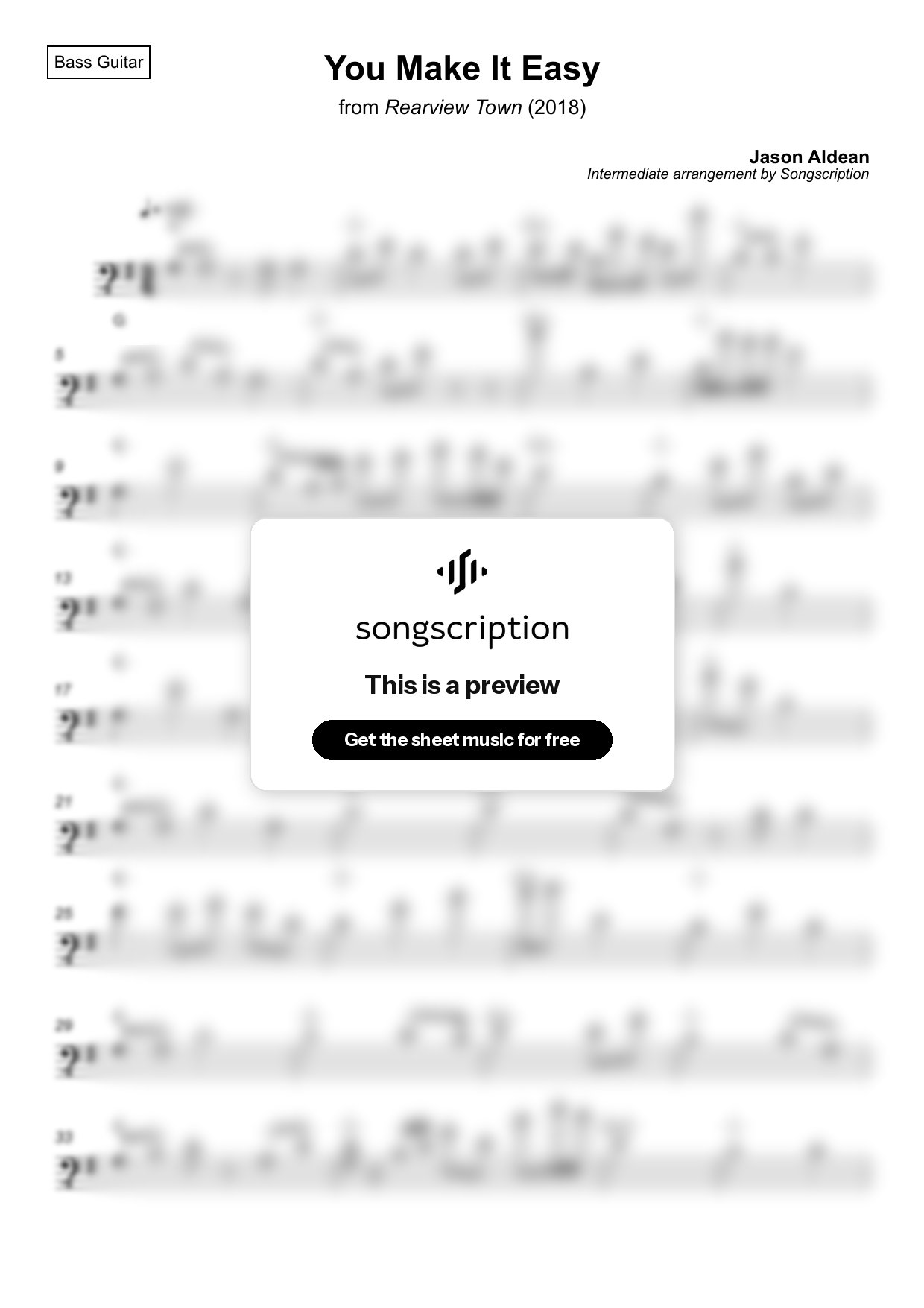 Intermediate Bass Guitar Sheet Music for "You Make It Easy" by Jason Aldean