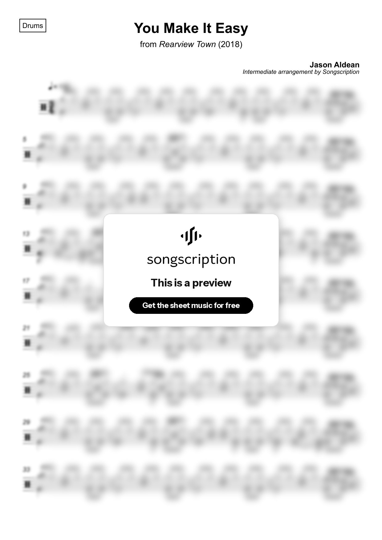 Intermediate Drums Sheet Music for "You Make It Easy" by Jason Aldean