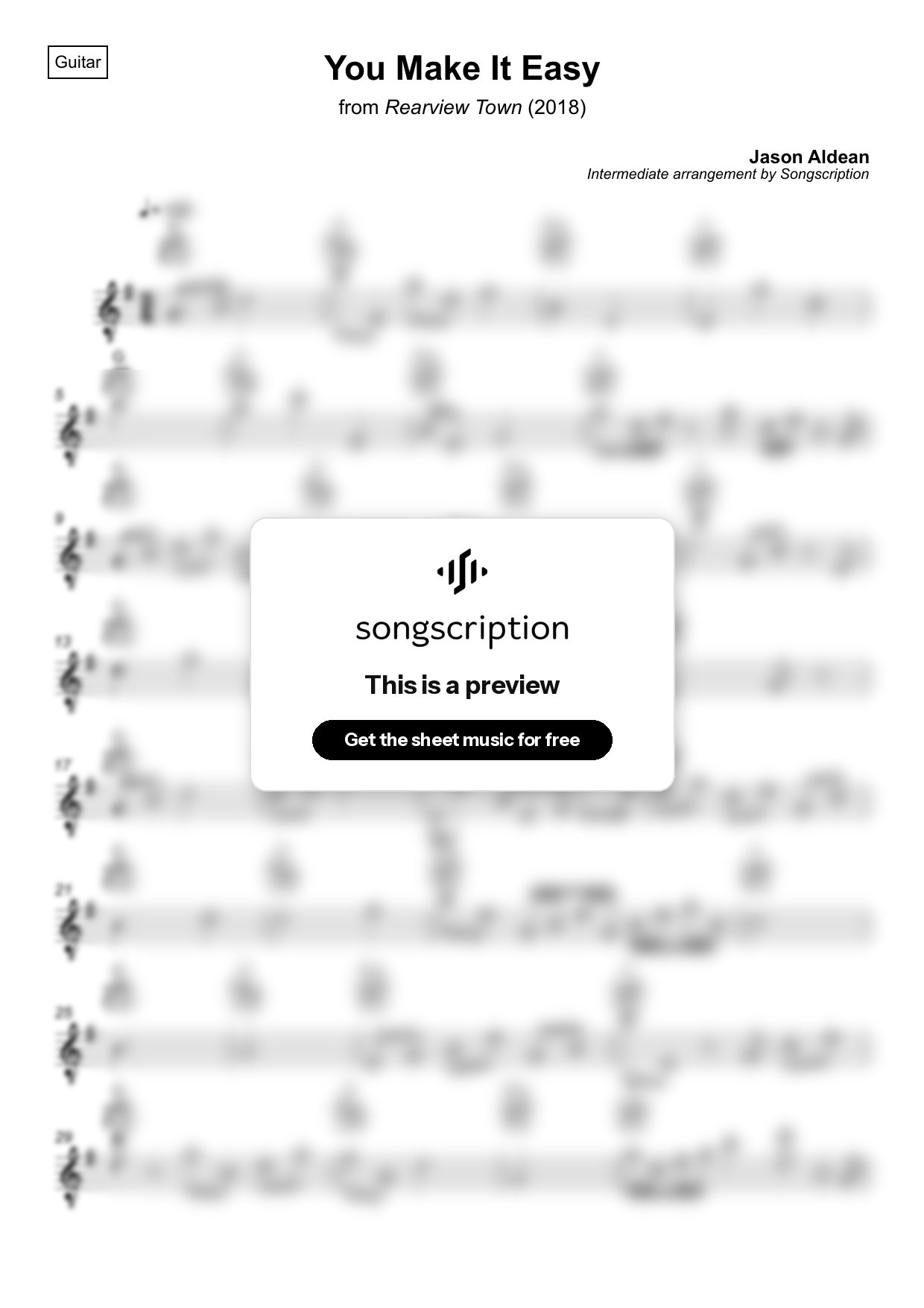 Intermediate Acoustic Guitar Sheet Music for "You Make It Easy" by Jason Aldean