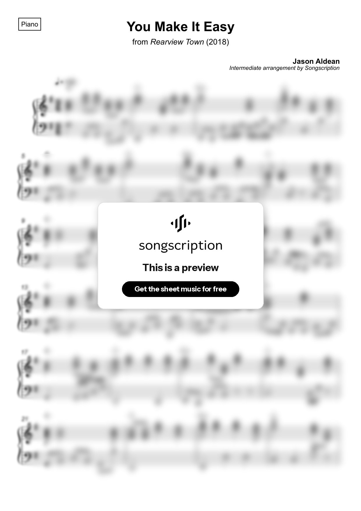 Intermediate Piano Sheet Music for "You Make It Easy" by Jason Aldean